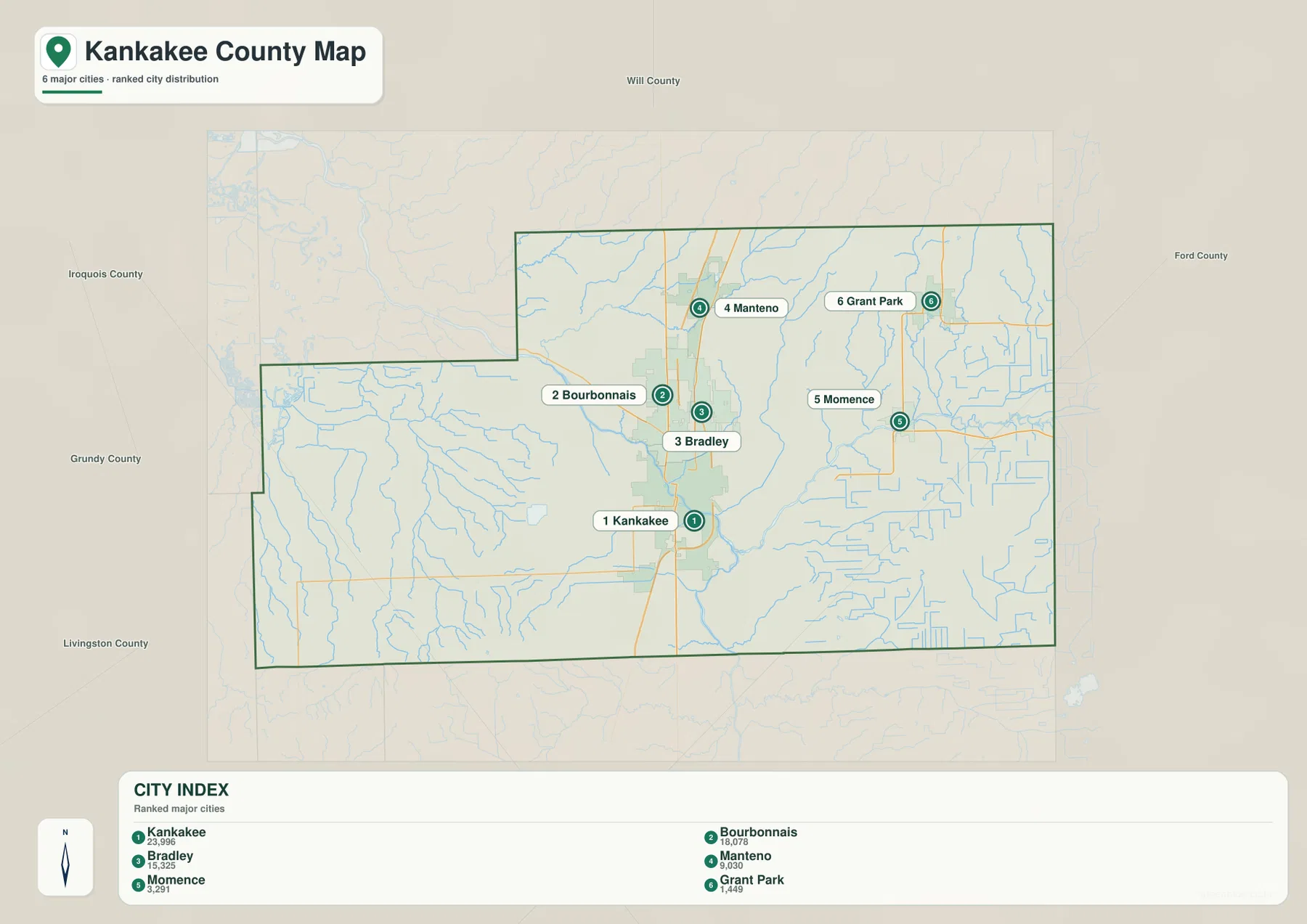 캔커키 카운티 Kankakee Bourbonnais Bradley Manteno Momence Grant Park 도시 분포 지도