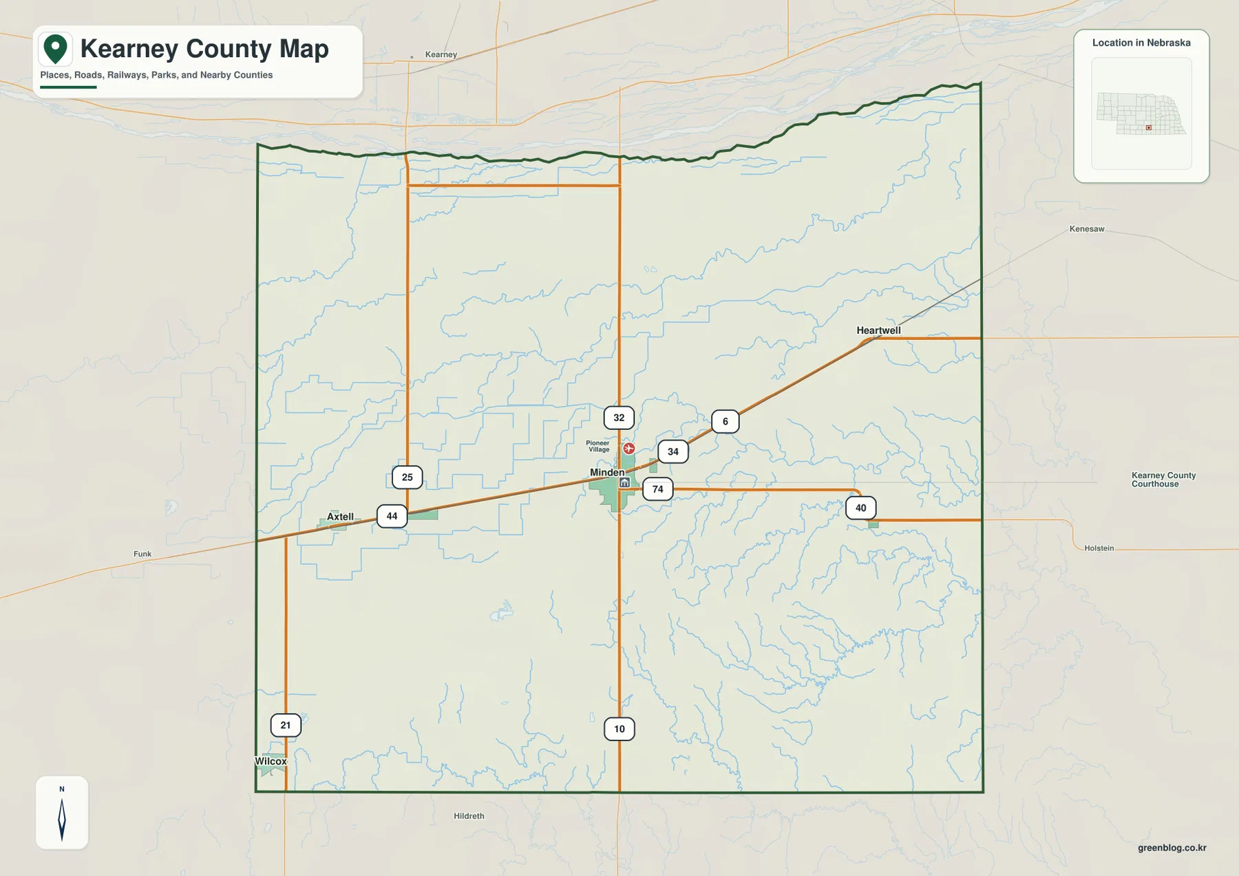 Kearney County에서 Minden, Axtell, Wilcox, Heartwell과 U.S. 6·34, Highway 10·44·74를 표시한 카운티 지도