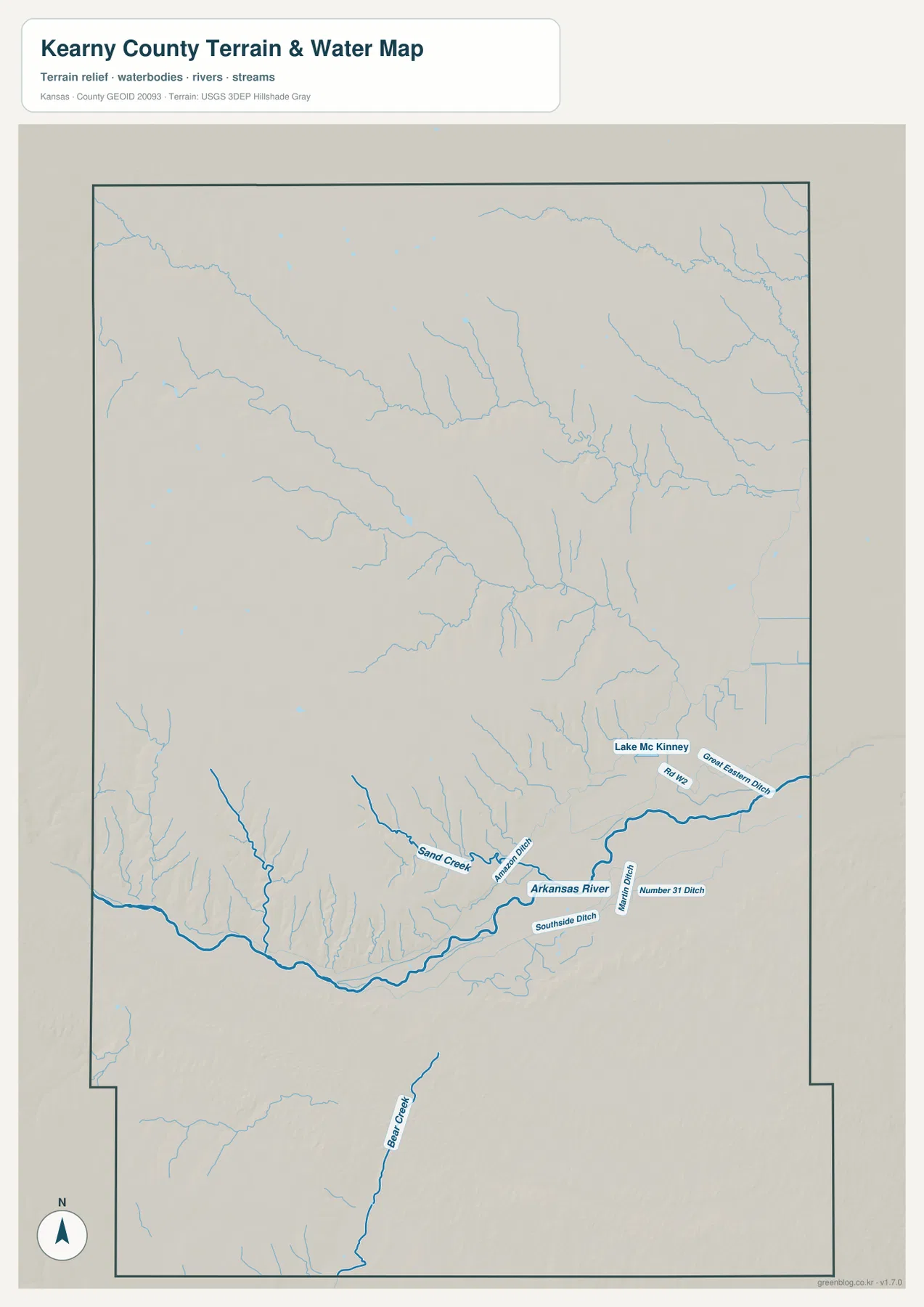 키어니 카운티 수역 지도에 표시된 Arkansas River, Sand Creek, Bear Creek, Lake McKinney, Great Eastern Ditch, Southside Ditch와 관개 수로