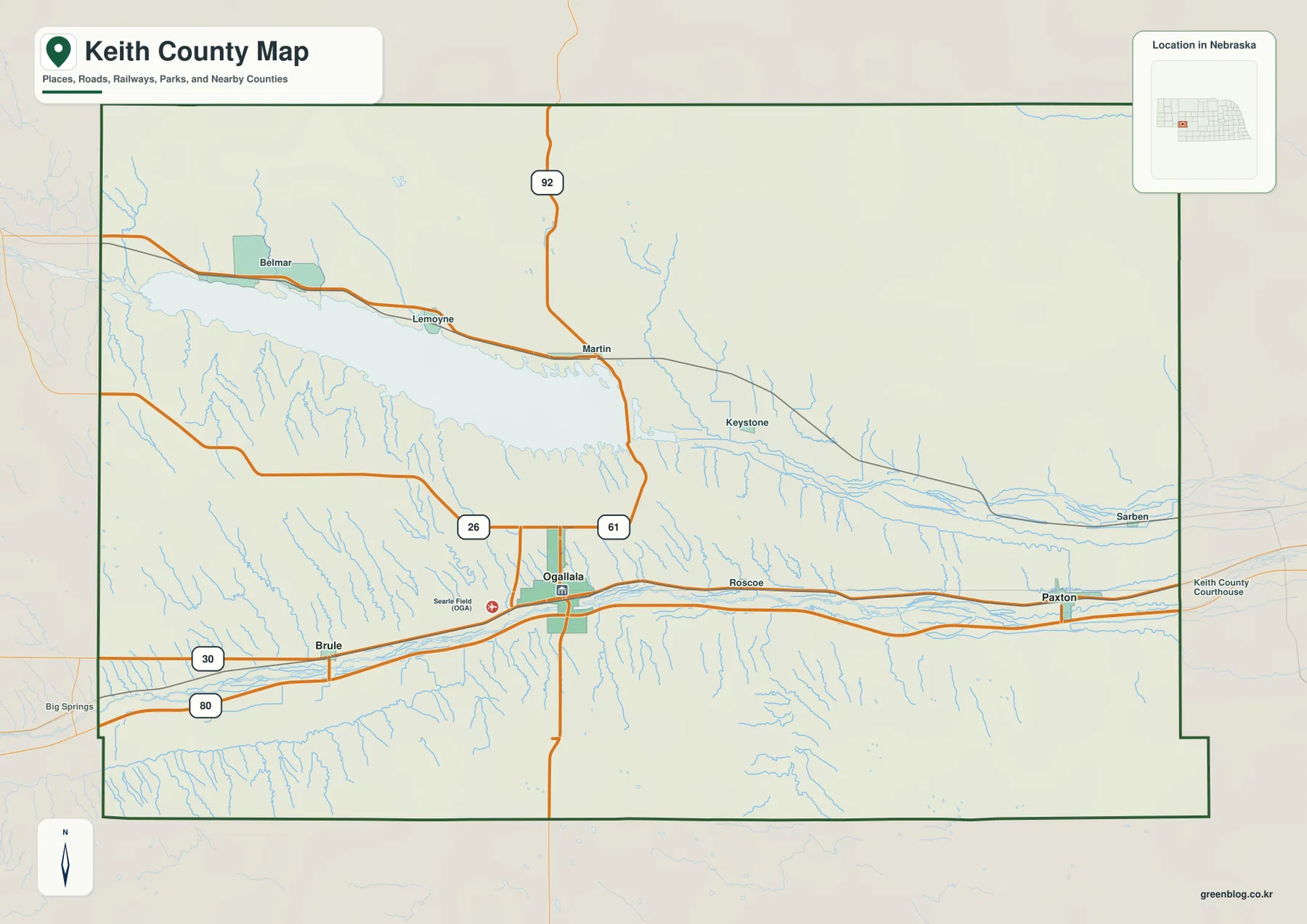 Keith County의 Ogallala, Brule, Paxton, Lake McConaughy와 I-80, U.S. 30, Highway 61, 26, 92를 표시한 카운티 지도