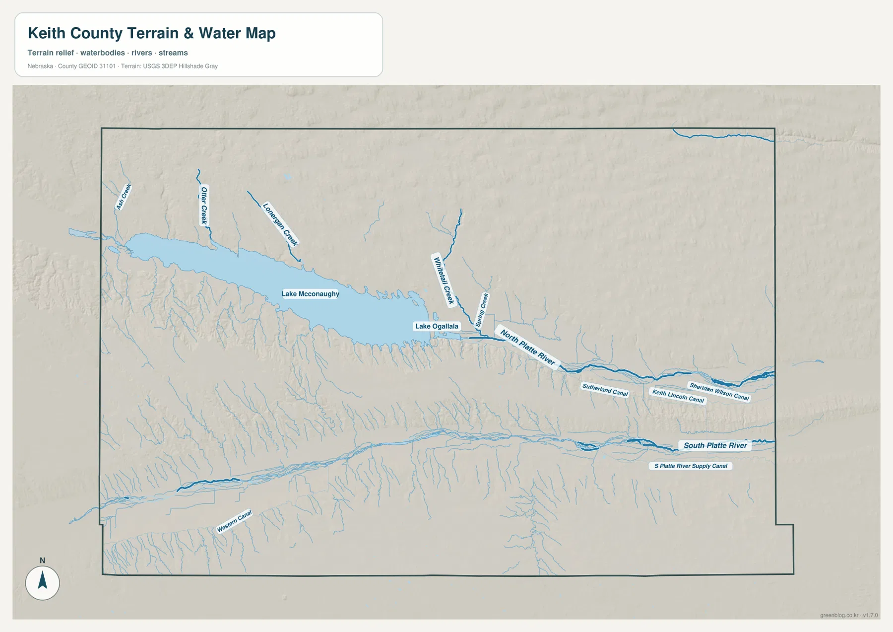 Keith County의 Lake McConaughy, Lake Ogallala, North Platte River, South Platte River와 주요 개울·수로를 표시한 수역 지형 지도