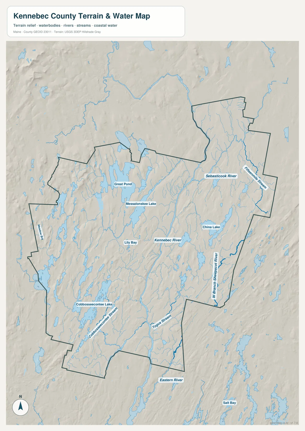 Kennebec County terrain and water map showing the Kennebec River, Great Pond, Messalonskee Lake, China Lake, Cobbosseecontee Lake, Sebasticook River, and streams