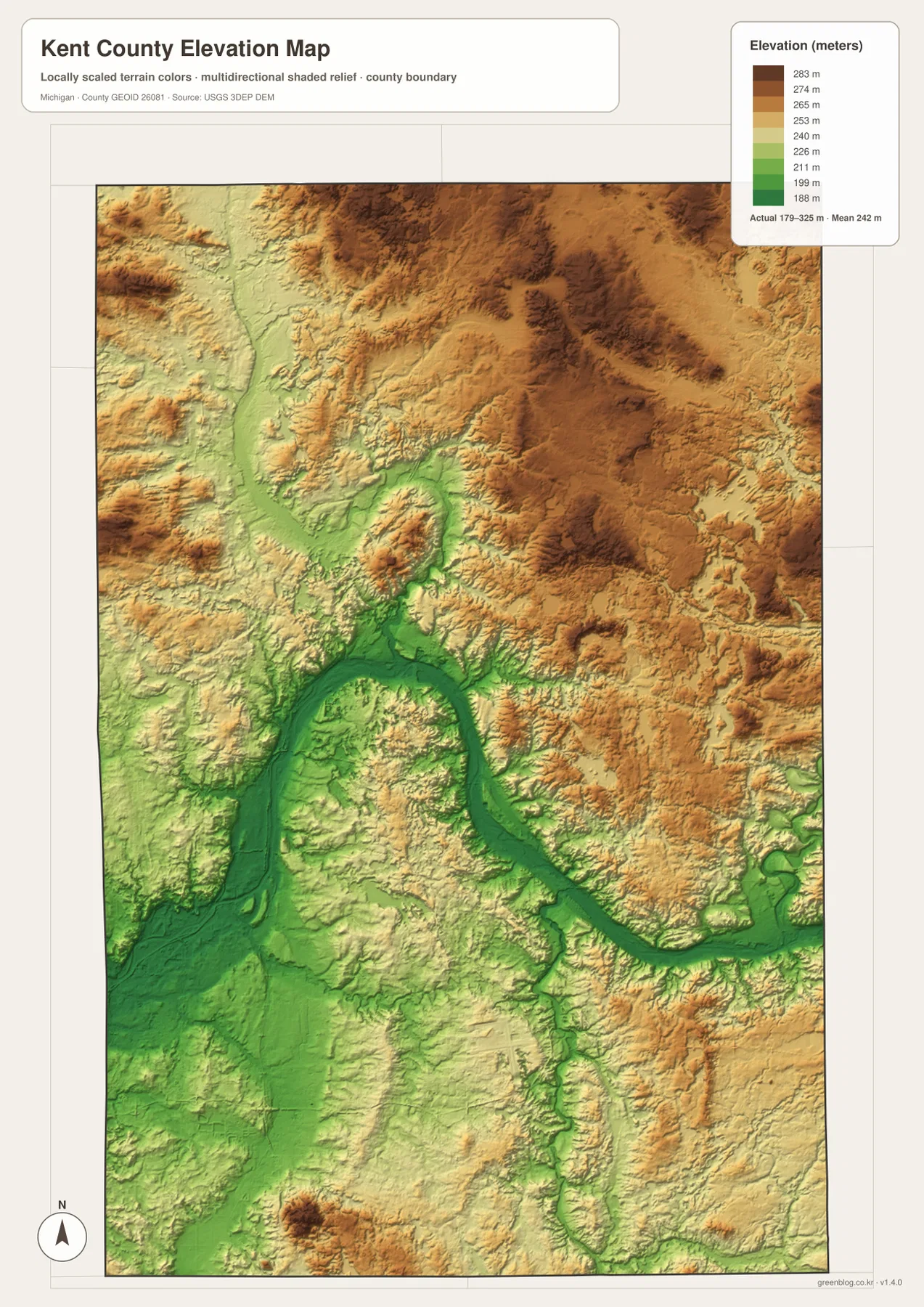 Kent County Michigan elevation map showing approximately 179 to 325 meters, low Grand River corridors, and high northeastern uplands