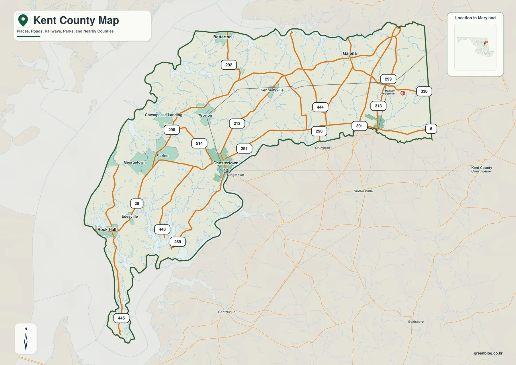 Kent County Maryland 지도에 Chestertown, Rock Hall, Betterton, Galena, Millington, Kennedyville, Worton과 주요 도로가 표시된 모습