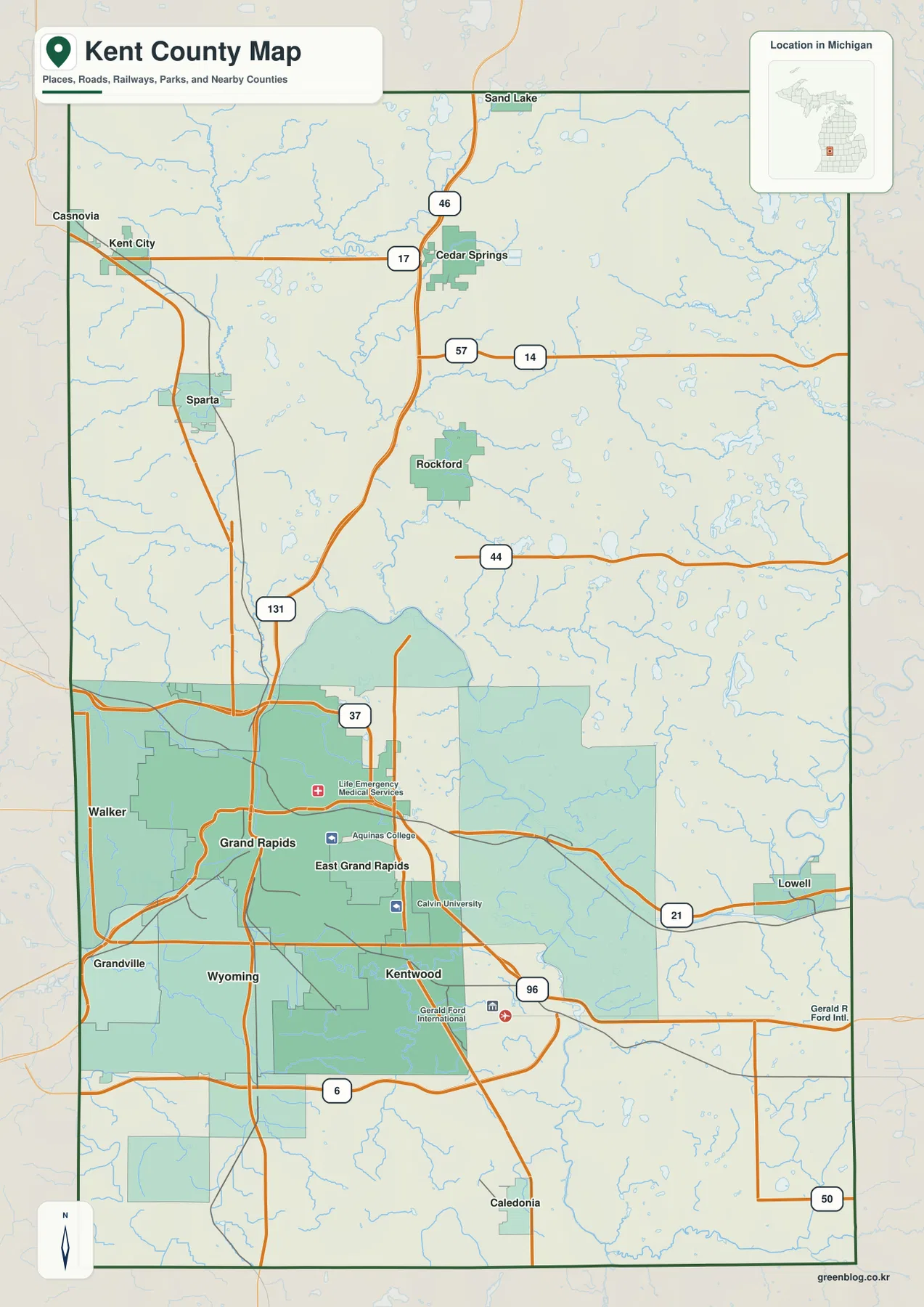 Kent County Michigan map showing Grand Rapids, Wyoming, Kentwood, Walker, Rockford, Cedar Springs, US-131, M-21, and M-6