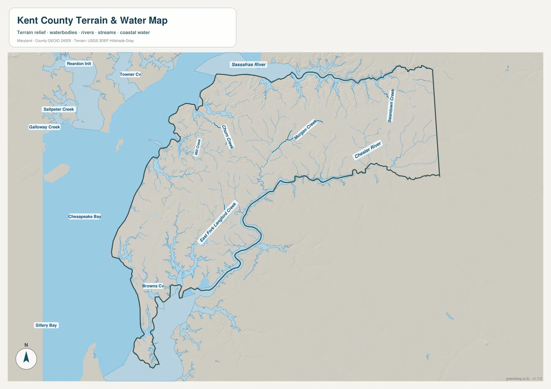 Kent County Maryland 수역 지도에 Chesapeake Bay, Sassafras River, Chester River, Morgan Creek, Stillpond Creek, Churn Creek, Mill Creek와 East Fork Langford Creek이 표시된 모습