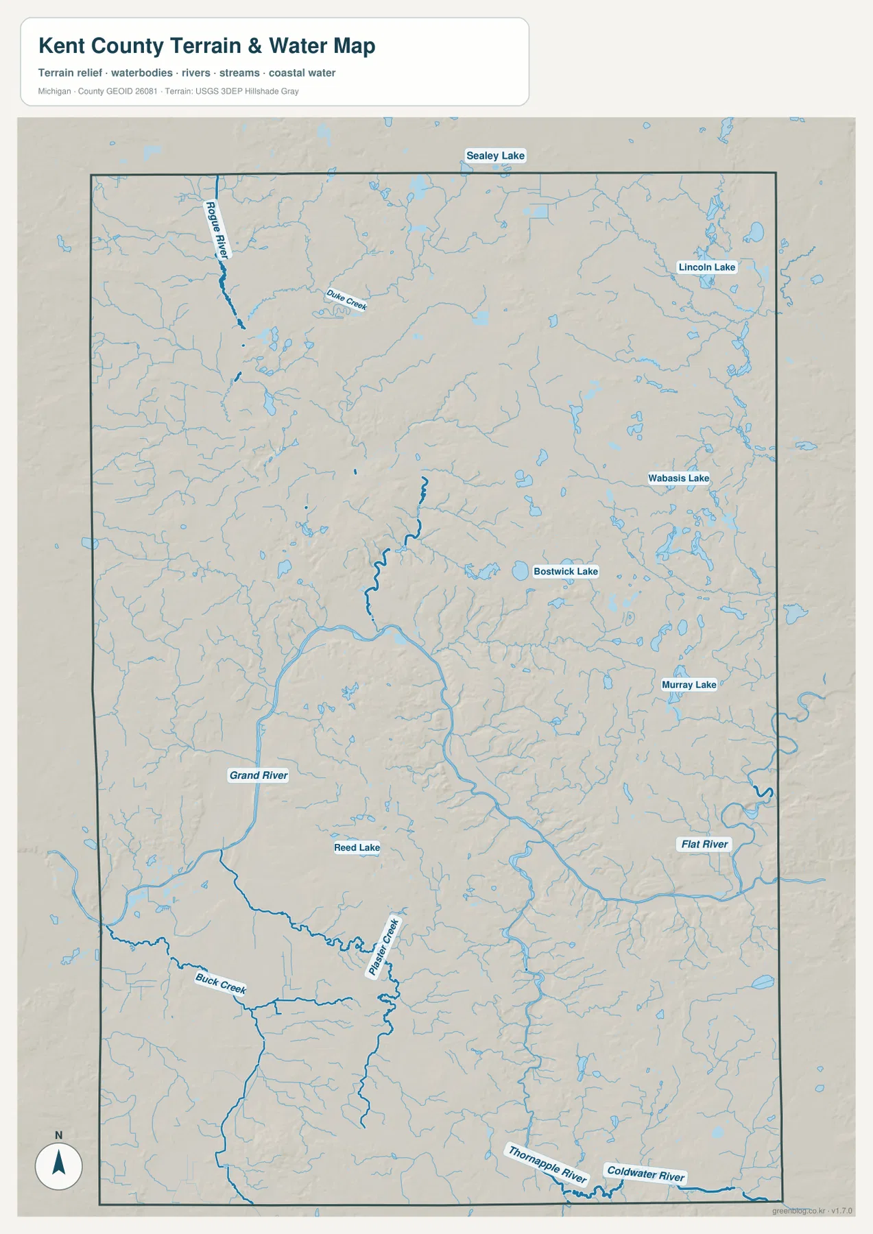 Kent County water map showing Grand River, Rogue River, Flat River, Thornapple River, Coldwater River, Wabasis Lake, and Lincoln Lake