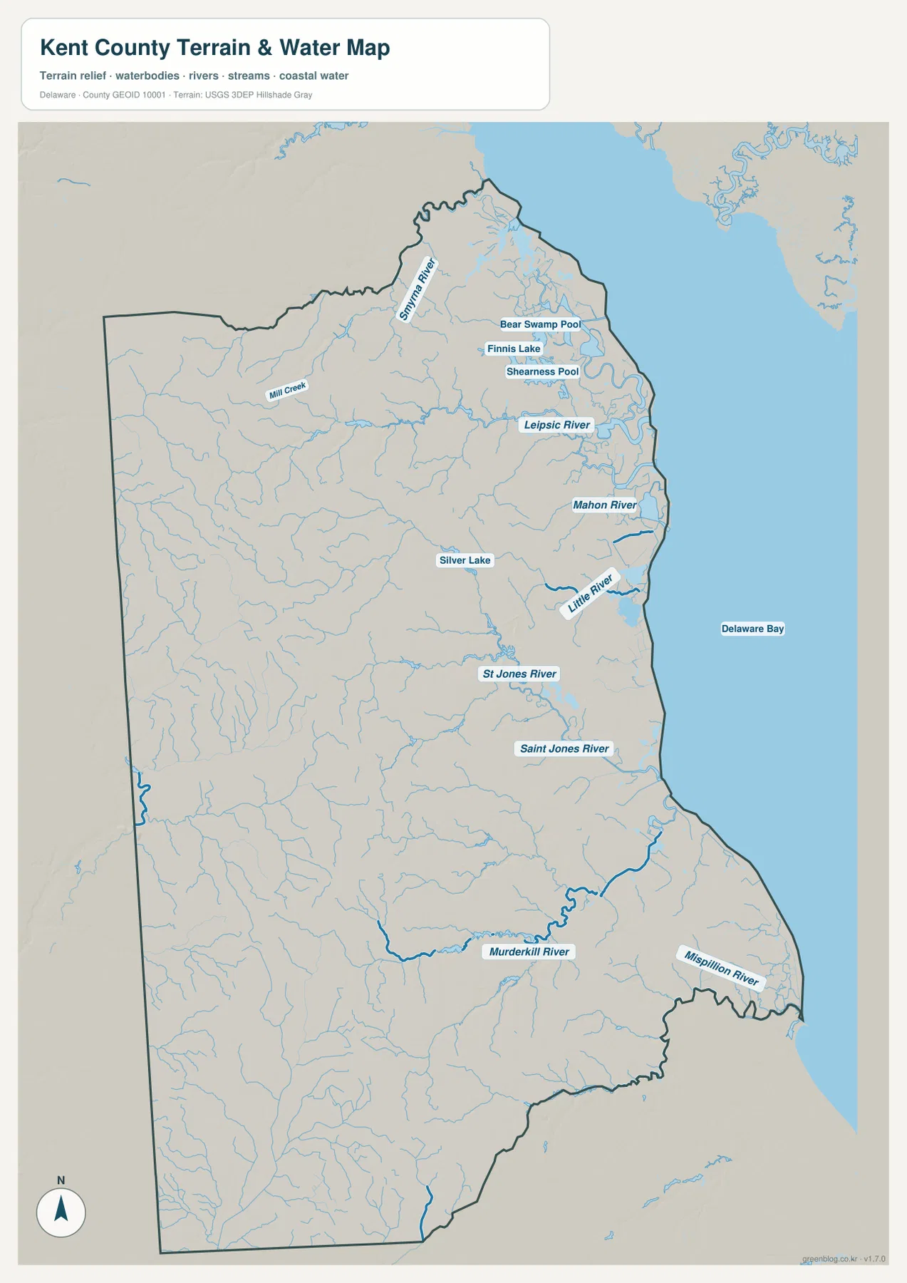 켄트 카운티 수역 지도에 표시된 Delaware Bay, Smyrna River, Leipsic River, St. Jones River, Murderkill River, Mispillion River