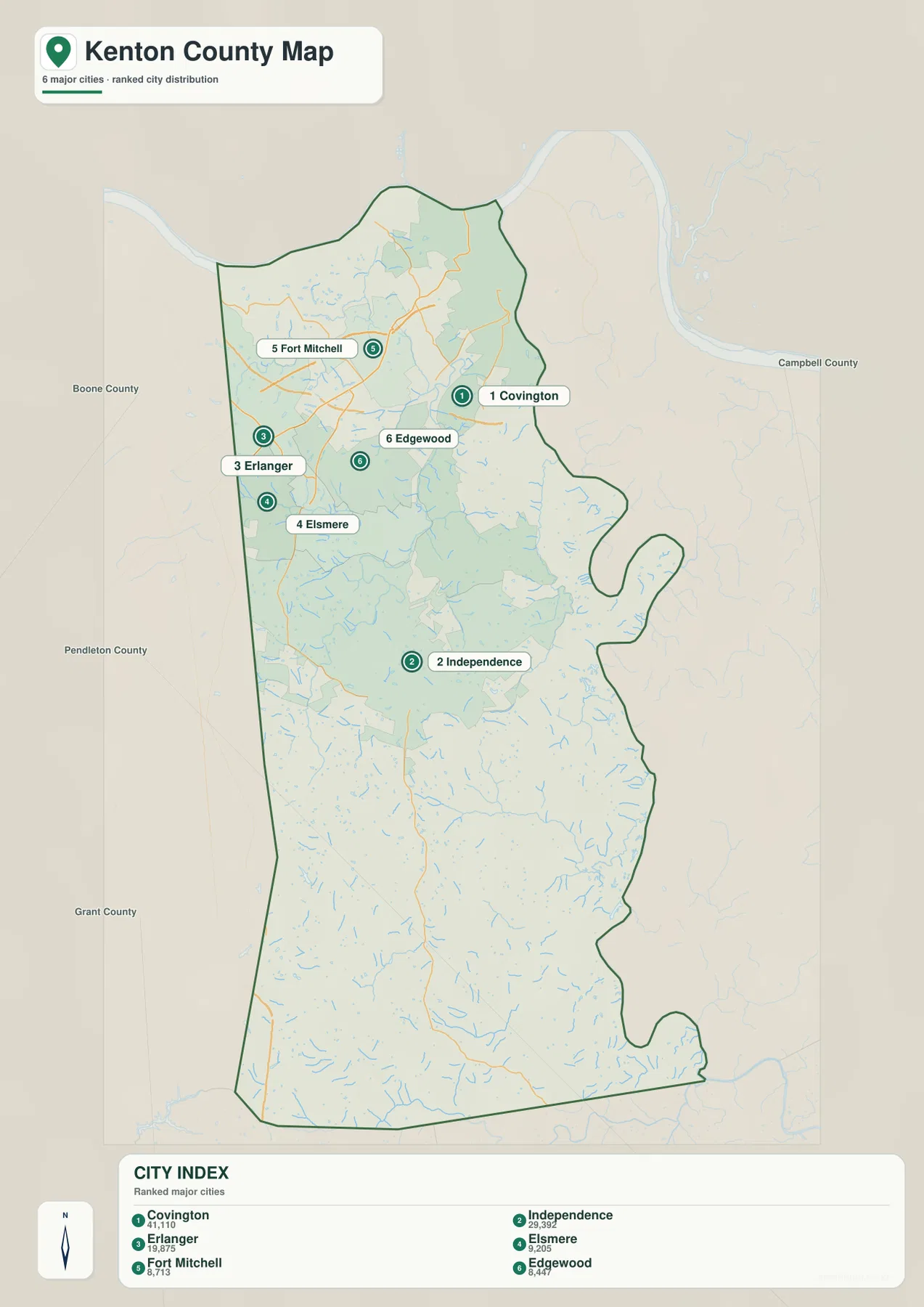 Kenton County major city distribution map