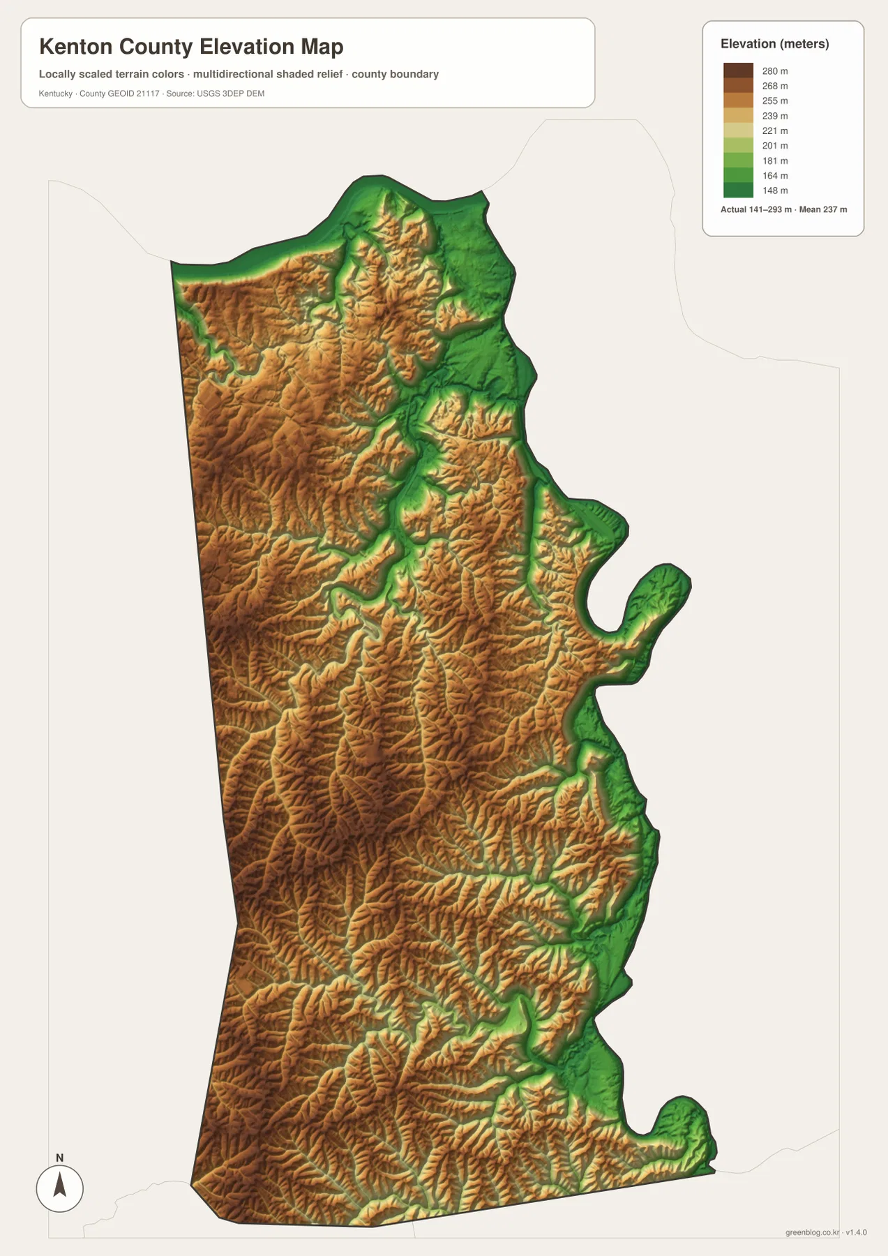 Kenton County elevation map 141 to 293 meters