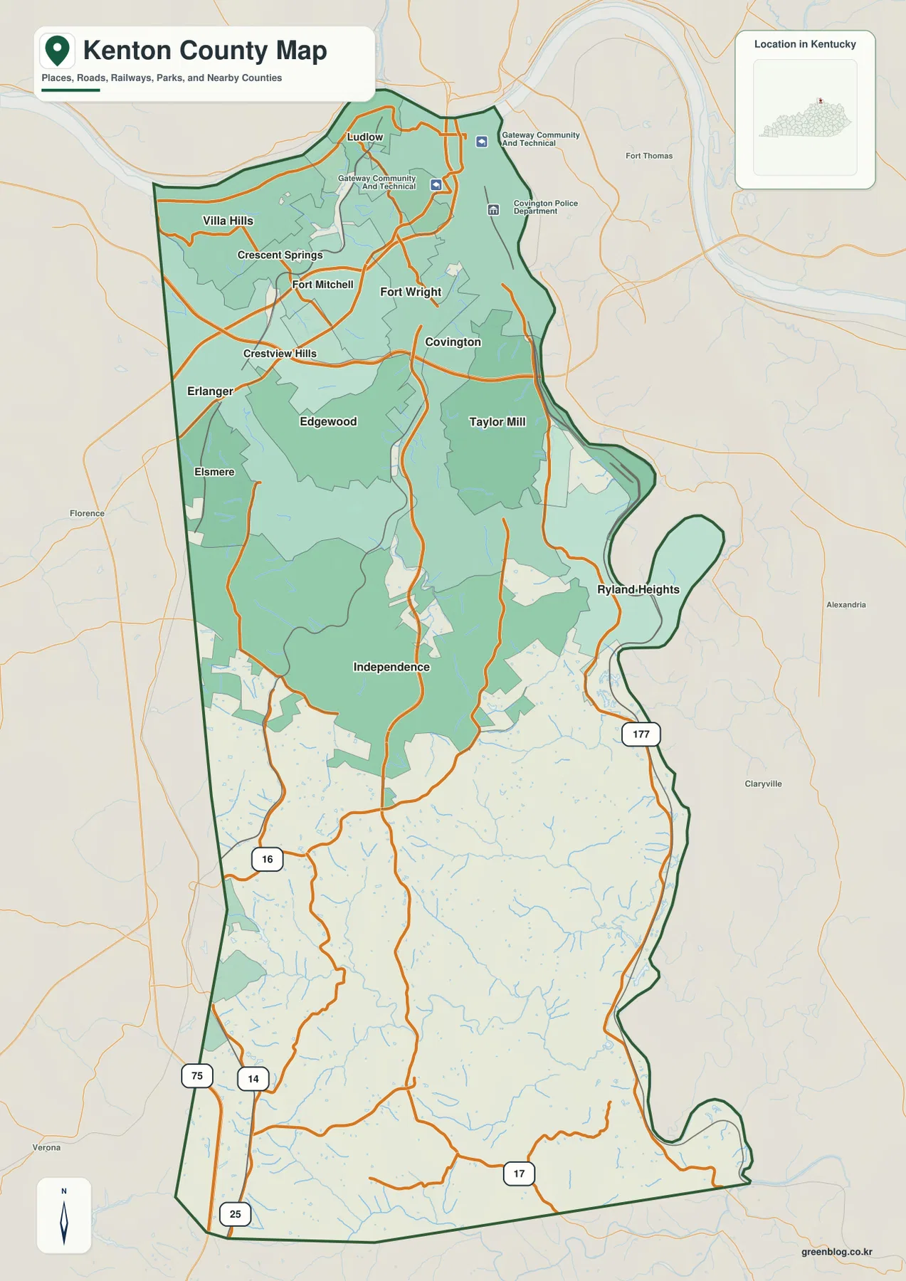Kenton County Kentucky roads boundaries and communities map