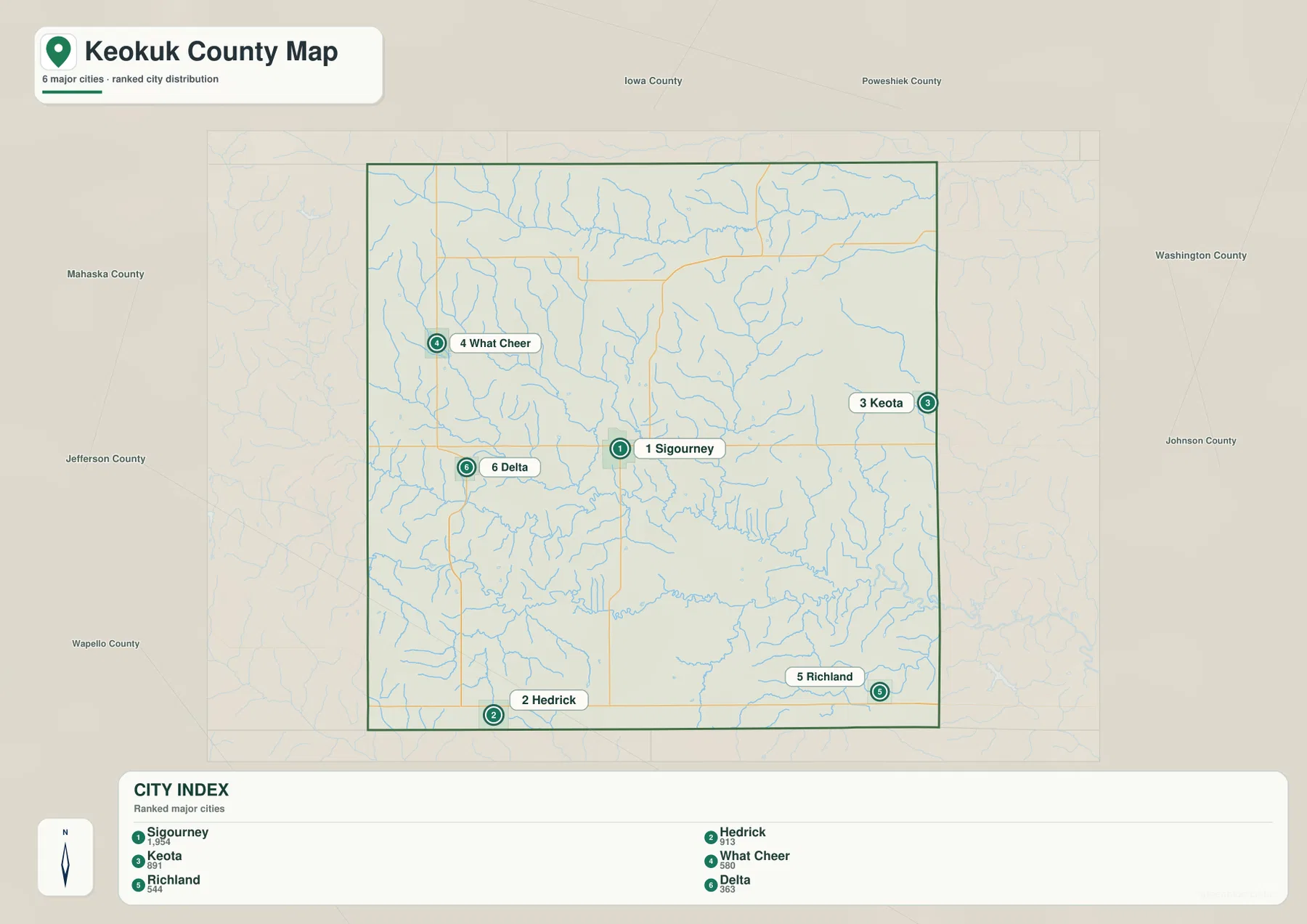 Keokuk County Iowa city map Sigourney Hedrick Keota What Cheer Richland Delta