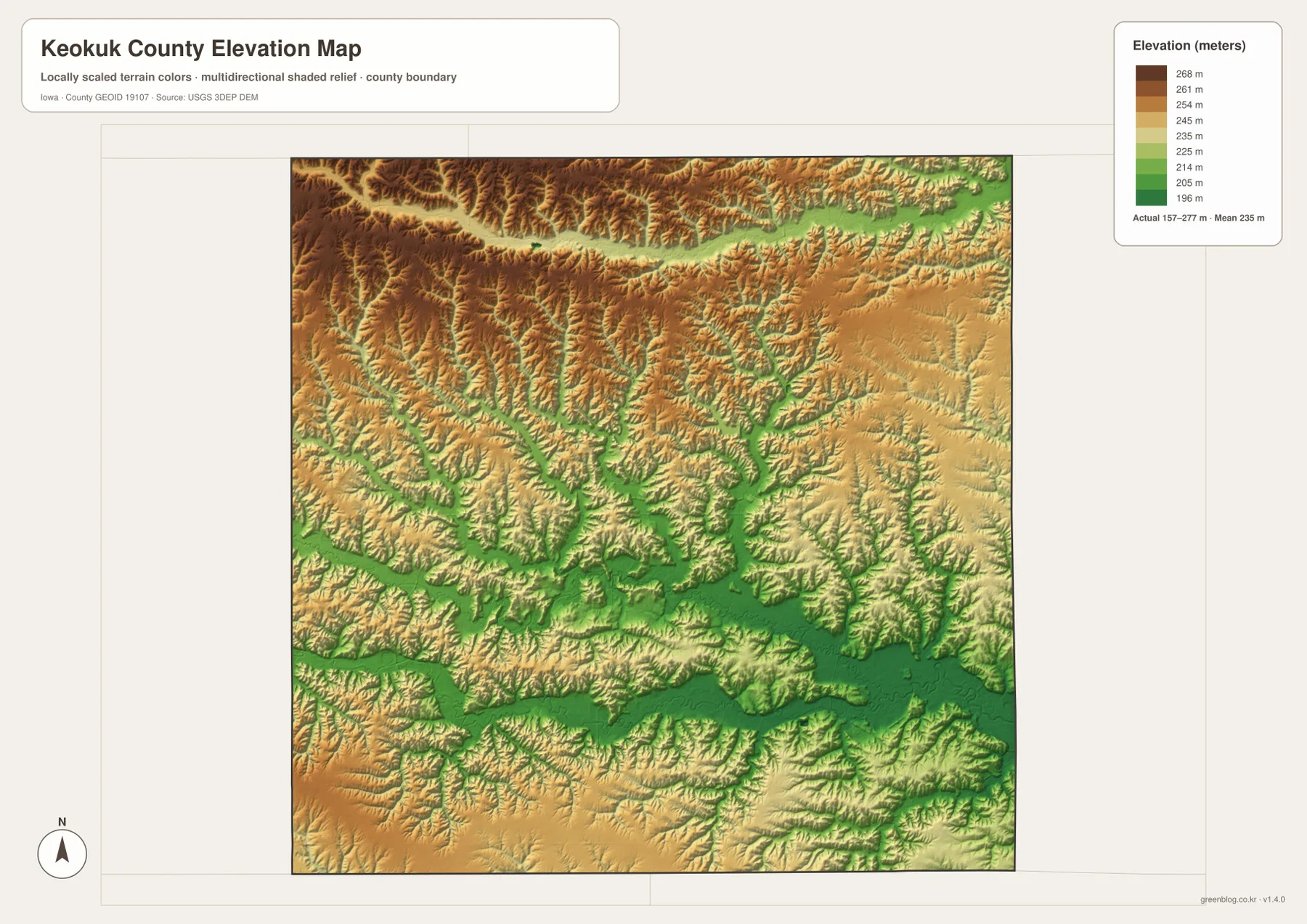 Keokuk County Iowa elevation map 157 277 meters Skunk River valleys northern ridges
