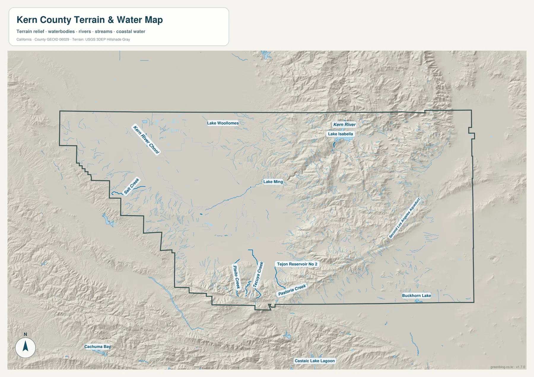Kern River, Lake Isabella, Lake Ming, Lake Woollomes, Kern River Canal과 동부 Sierra·Tehachapi 지형이 표시된 컨 카운티 지형 수역 지도