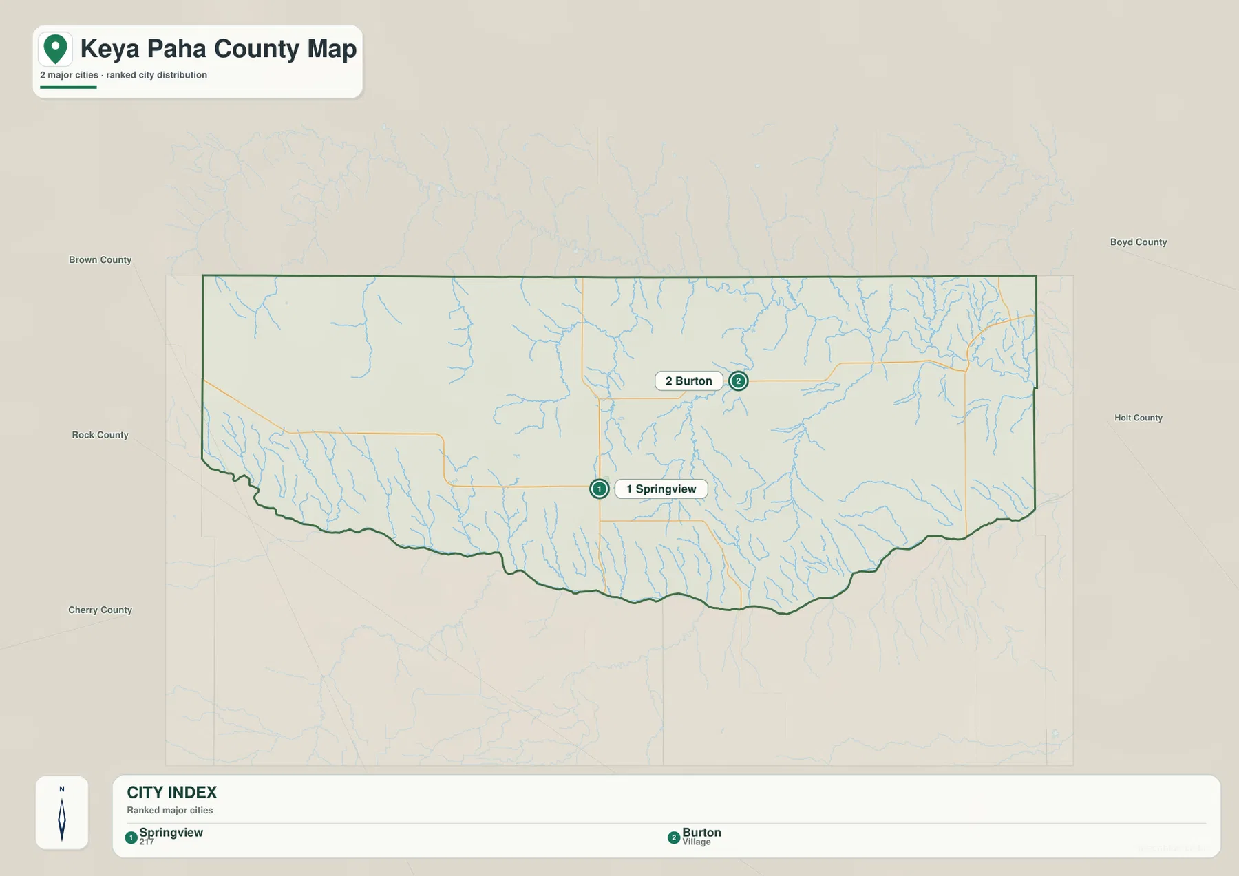 Keya Paha County 도시 분포 지도에서 Springview와 Burton 두 정착지의 위치를 보여 주는 지도