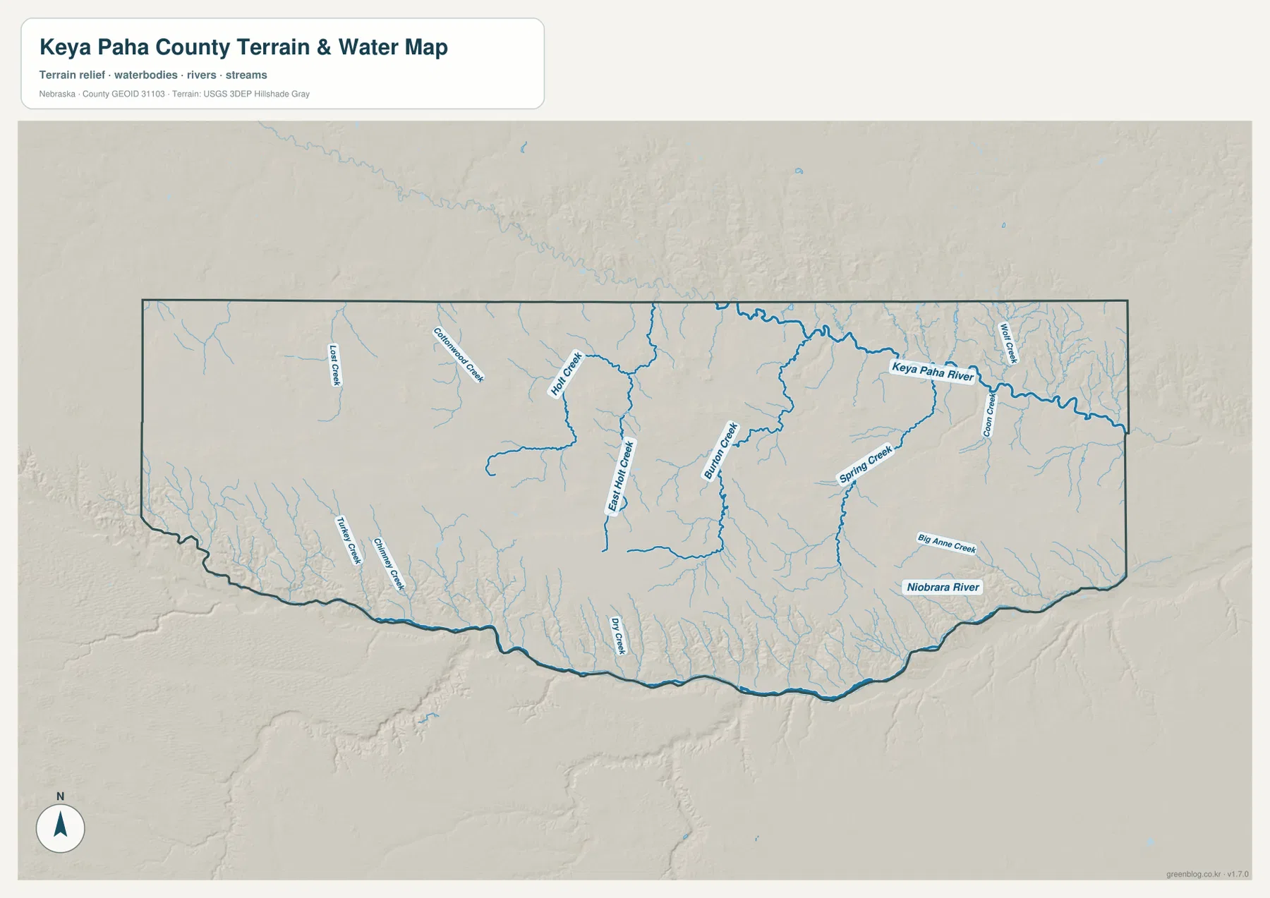 Keya Paha County의 Niobrara River, Keya Paha River, Holt Creek, Burton Creek, Spring Creek, Turtle Creek을 표시한 수역 지형 지도