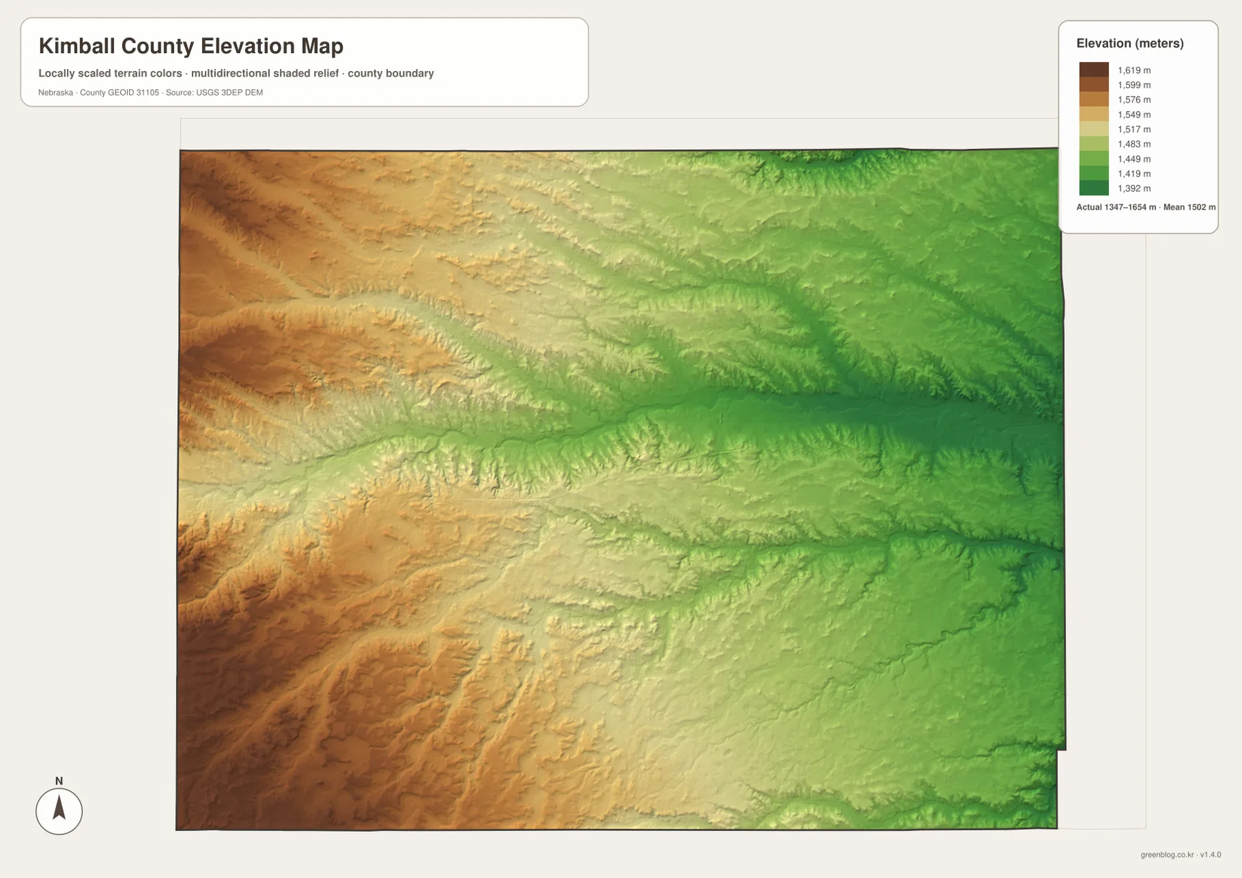 Kimball County Nebraska elevation map showing a 1347 to 1654 meter range, high Panorama Point country in the southwest, and the lower Lodgepole Creek valley