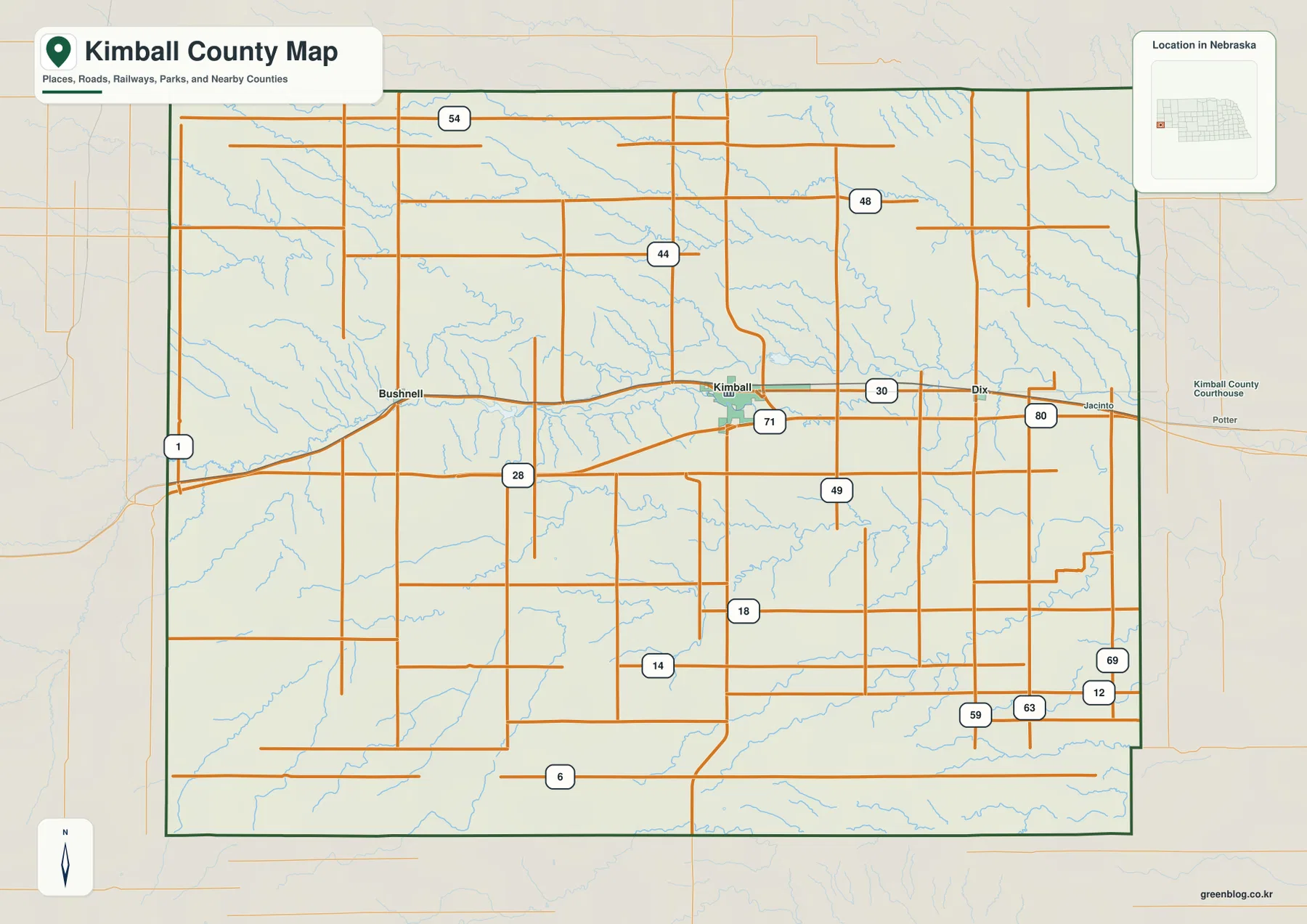 Kimball County Nebraska map showing Kimball, Bushnell, Dix, U.S. 30, Interstate 80, Highway 71, and surrounding roads