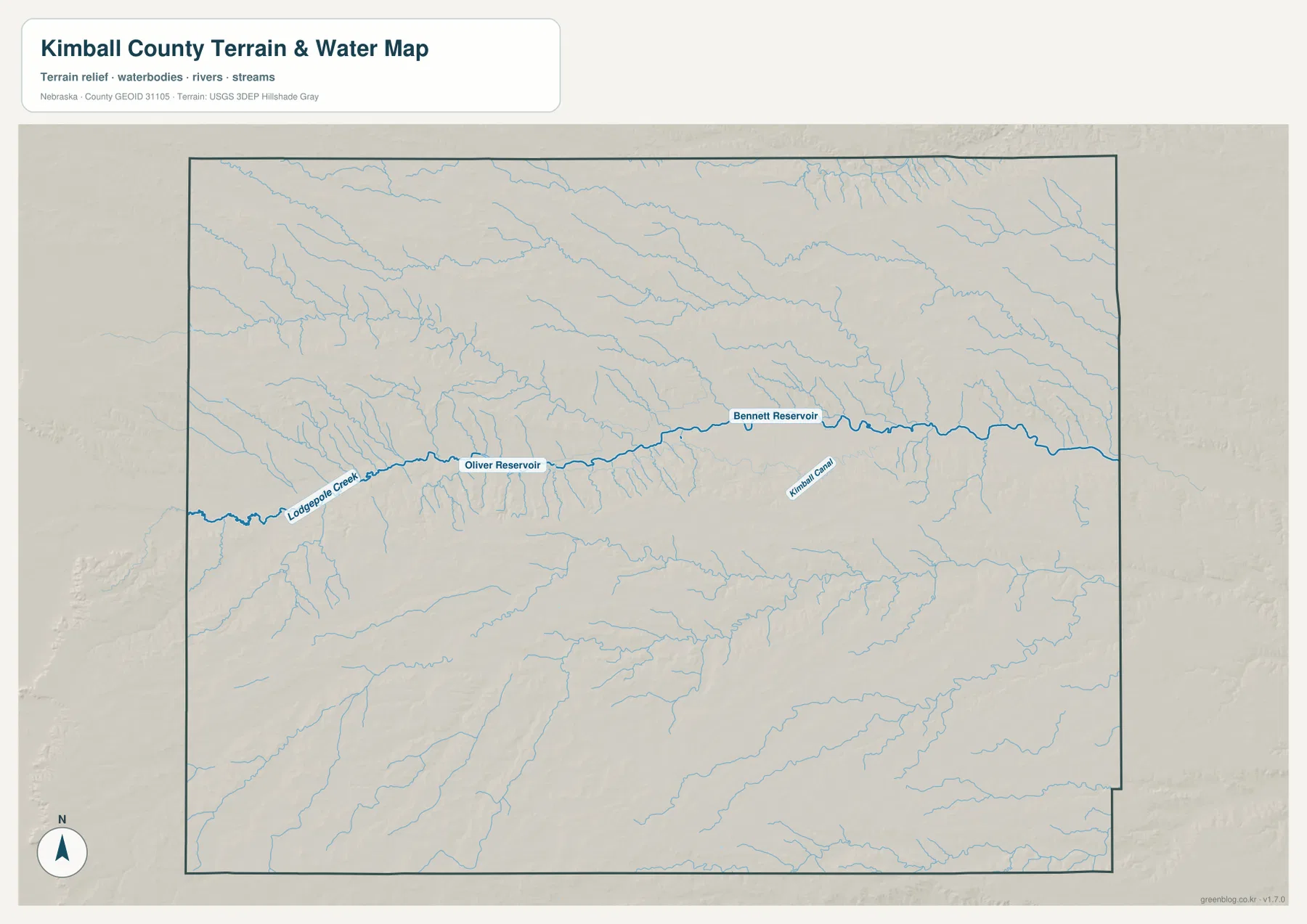 Kimball County terrain and water map showing Lodgepole Creek, Oliver Reservoir, Bennett Reservoir, Kimball Canal, and tributaries