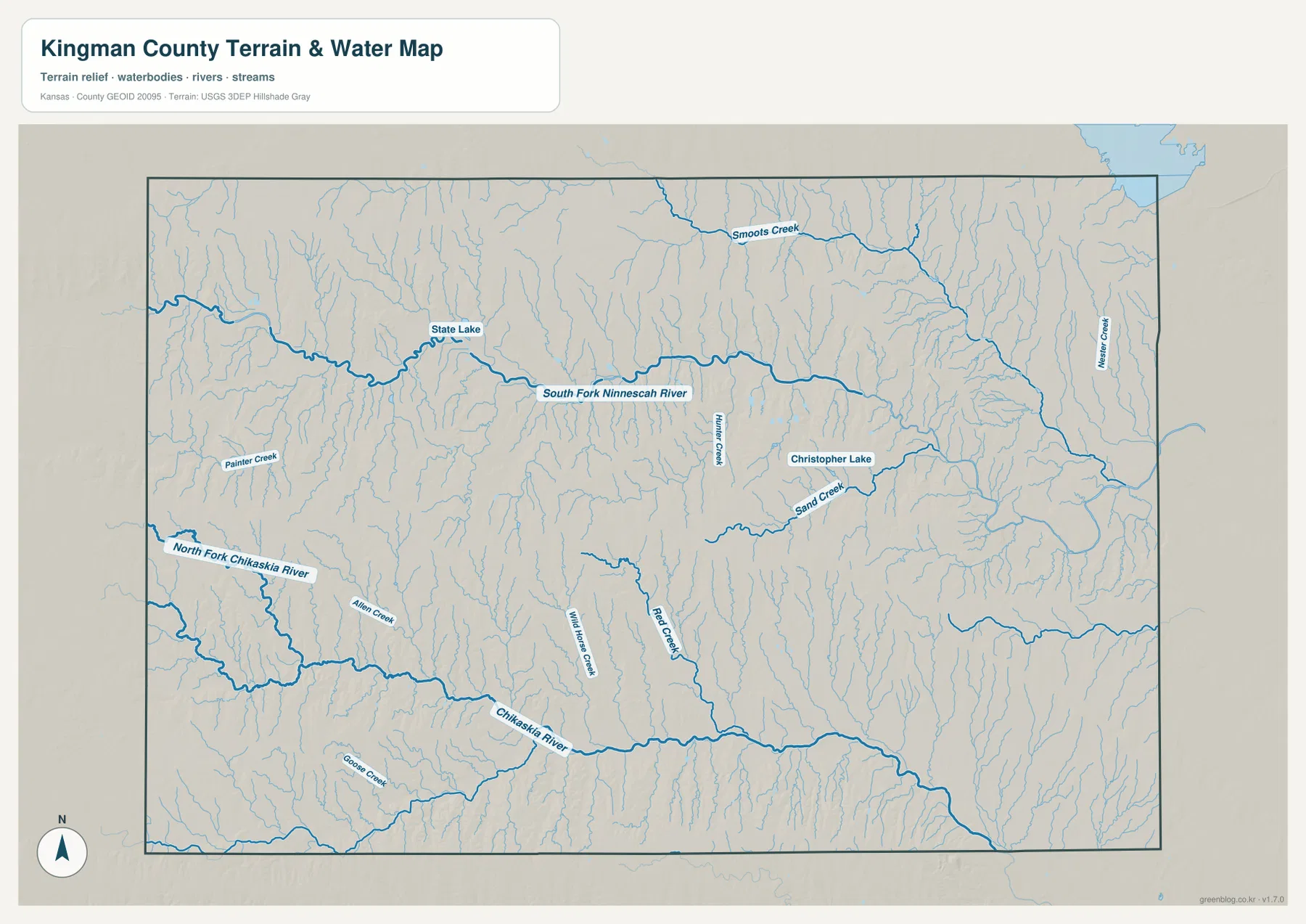 킹먼 카운티 수역 지도에 표시된 South Fork Ninnescah River, North Fork Chikaskia River, Chikaskia River, State Lake, Christopher Lake, Sand Creek와 주요 지류