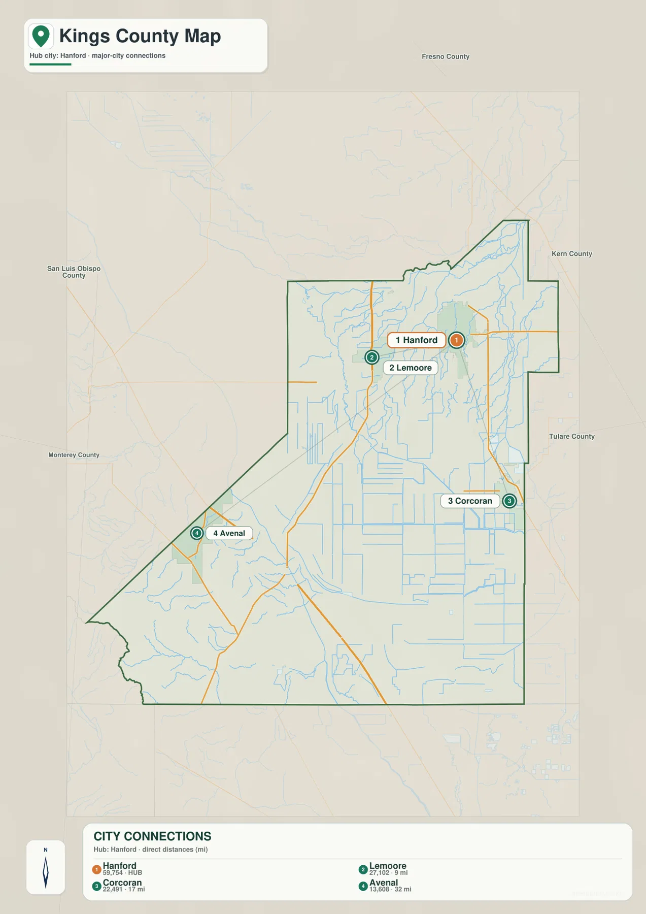 Hanford, Lemoore, Corcoran, Avenal이 표시된 캘리포니아주 킹스 카운티 도시 분포 지도