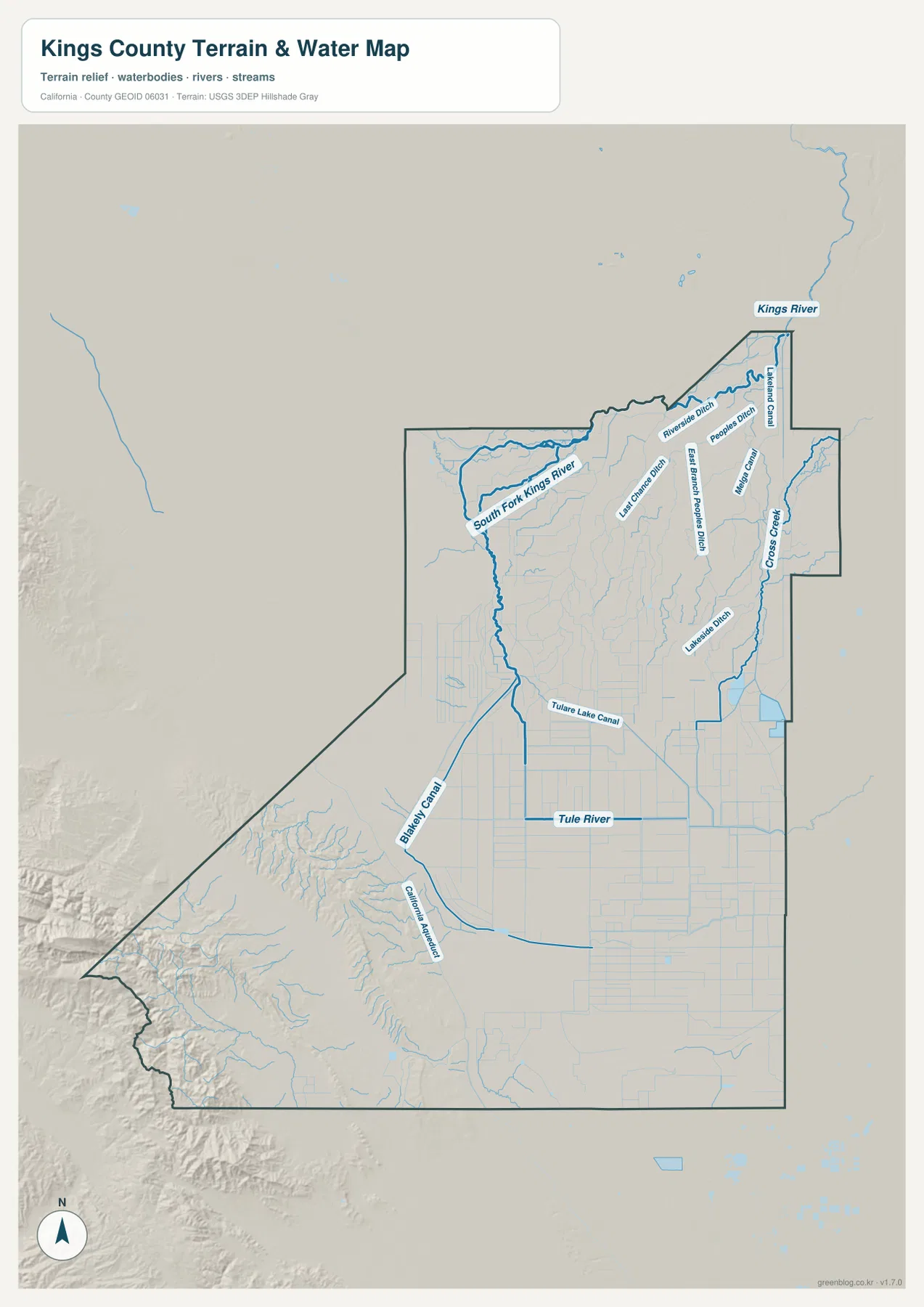 Kings River, South Fork Kings River, Cross Creek, Tule River, Tulare Lake Canal, Blakely Canal과 Corcoran Reservoir가 표시된 킹스 카운티 지형 수역 지도