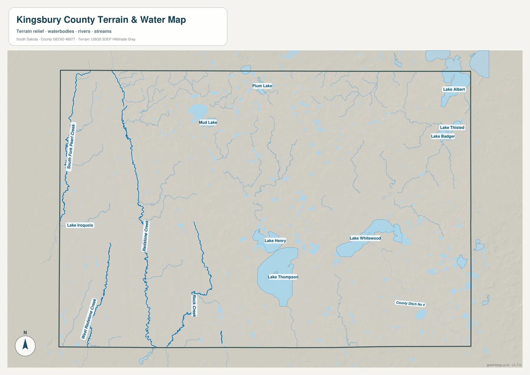 Lake Thompson, Lake Whitewood, Lake Henry, Redstone Creek 등 수역이 표시된 Kingsbury County 수역·지형 지도