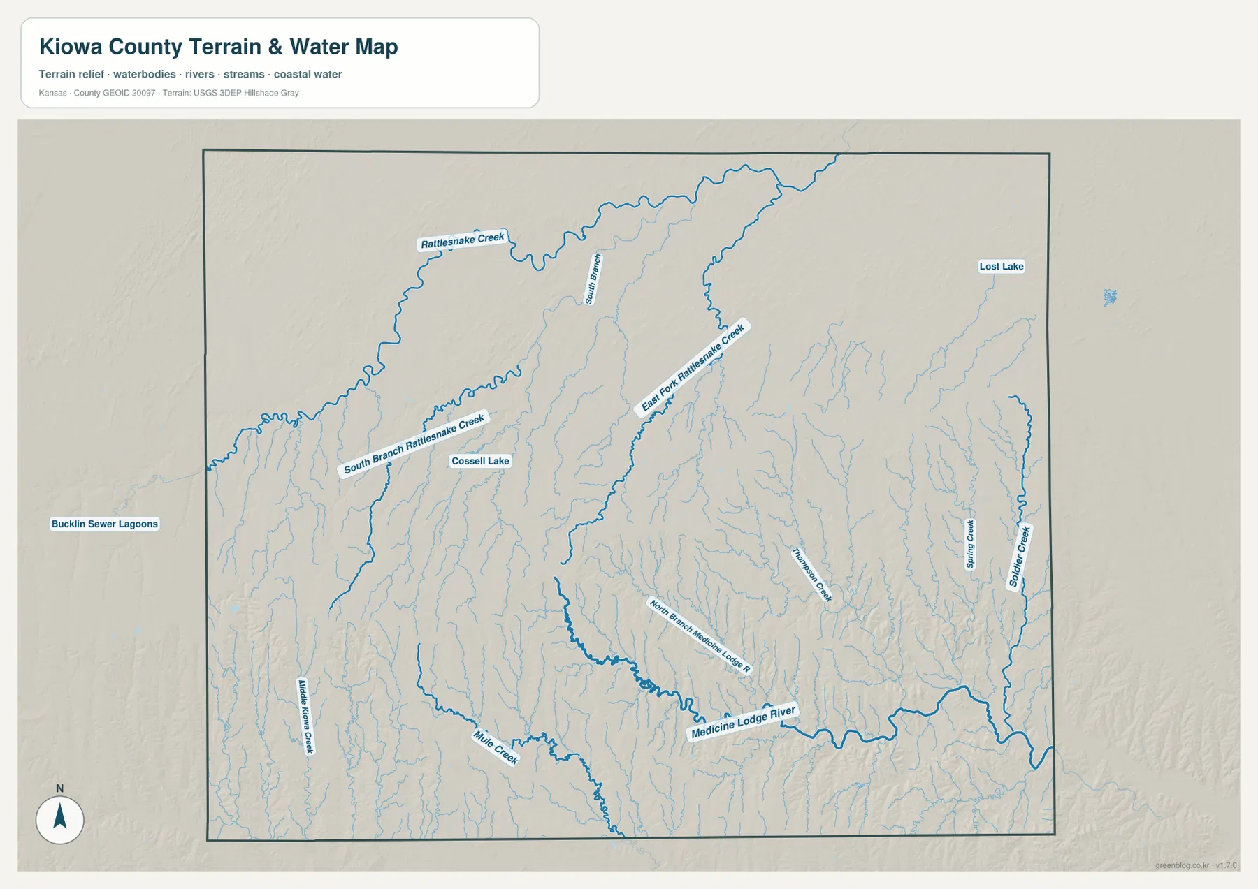키오와 카운티 수역 지도에 표시된 Rattlesnake Creek, South Branch Rattlesnake Creek, East Fork Rattlesnake Creek, Medicine Lodge River, Mule Creek, Soldier Creek과 주요 지류