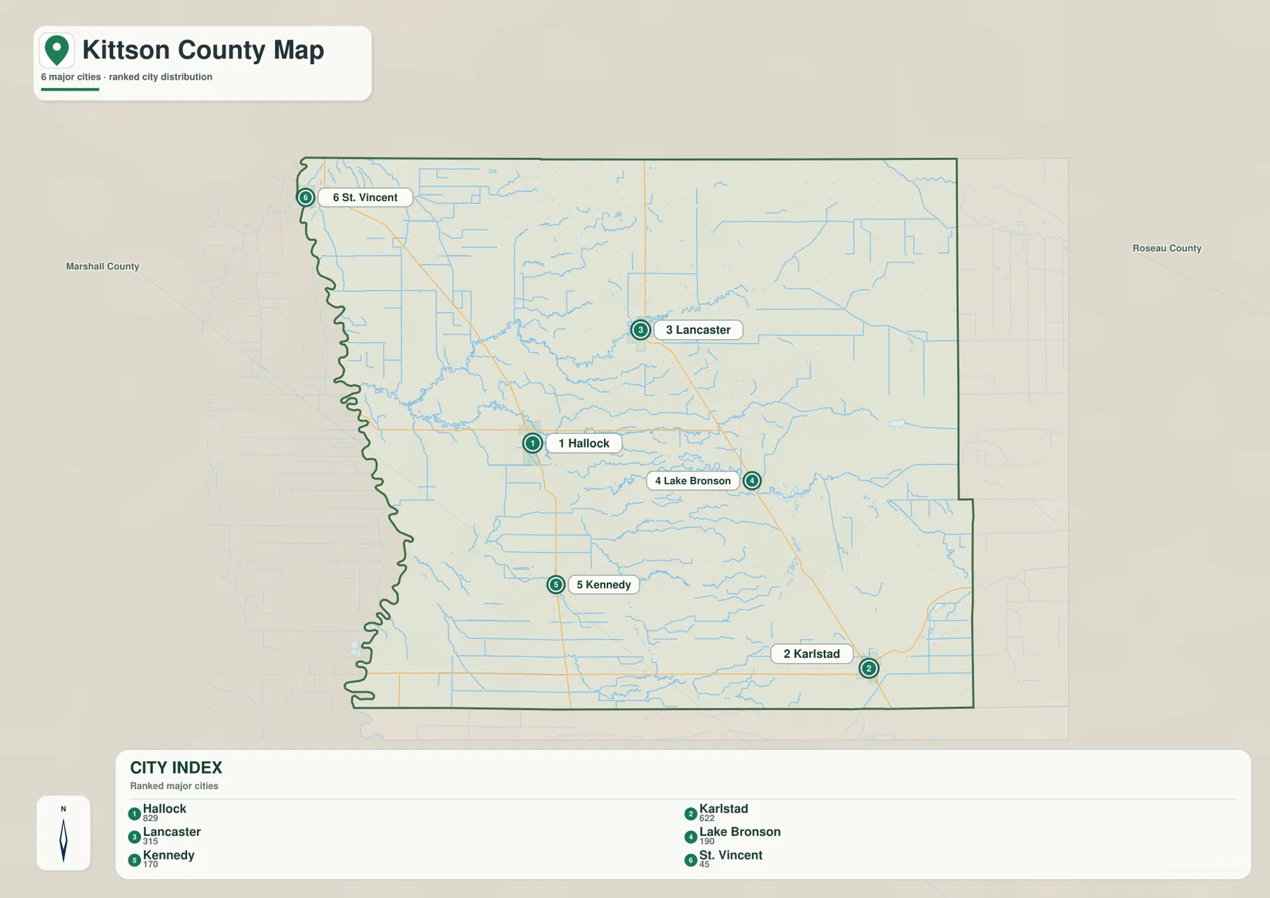 Kittson County city map showing Hallock, Karlstad, Lancaster, Lake Bronson, Kennedy and St. Vincent