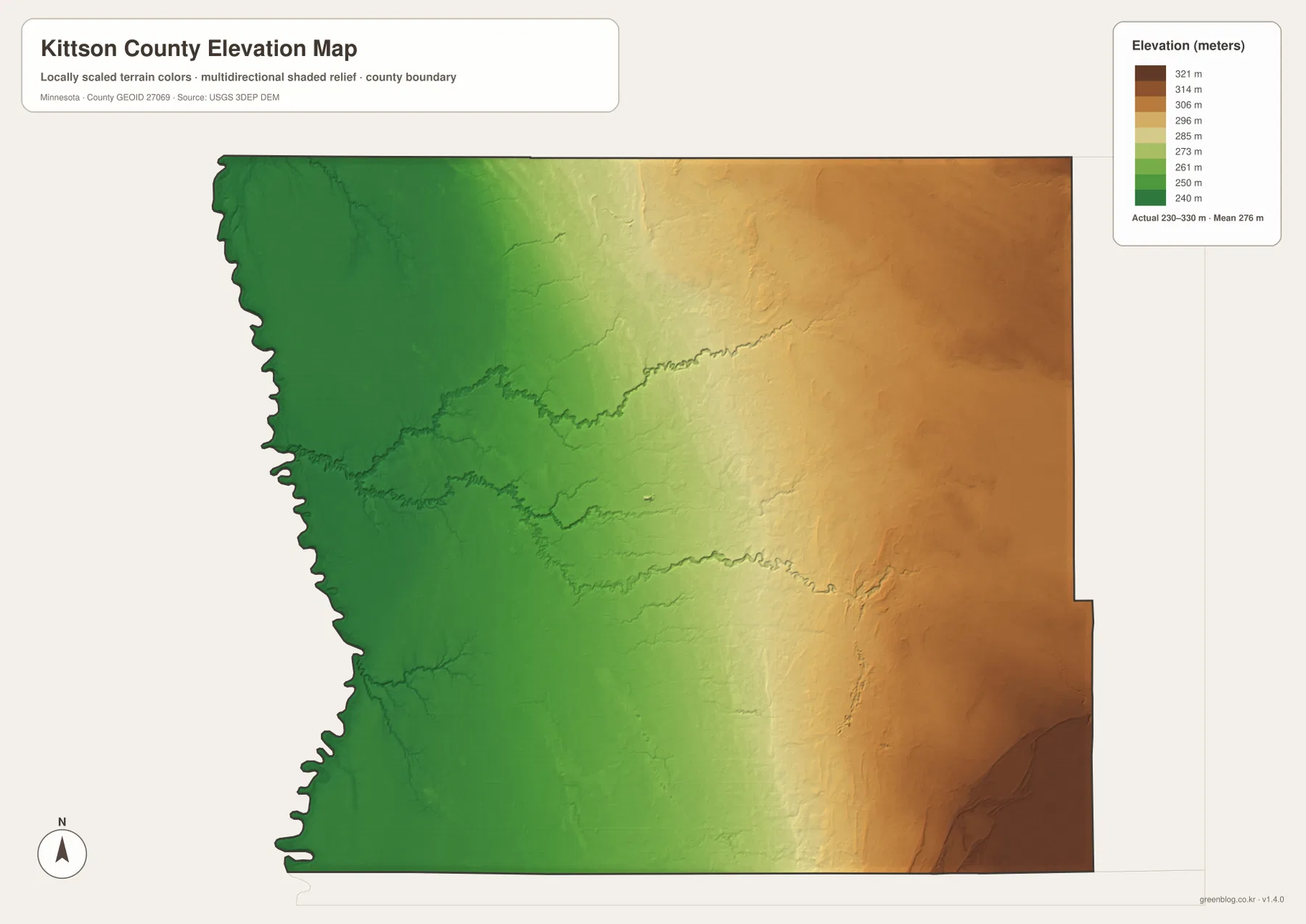 Kittson County elevation map showing approximately 230 to 330 meters, the low Red River side and higher eastern terrain