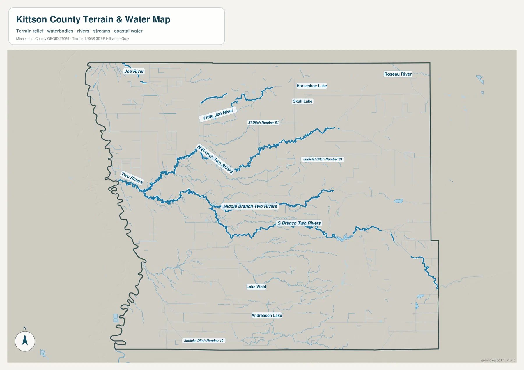 Kittson County water map showing Two Rivers, North Branch Two Rivers, Middle Branch Two Rivers, South Branch Two Rivers and Little Joe River
