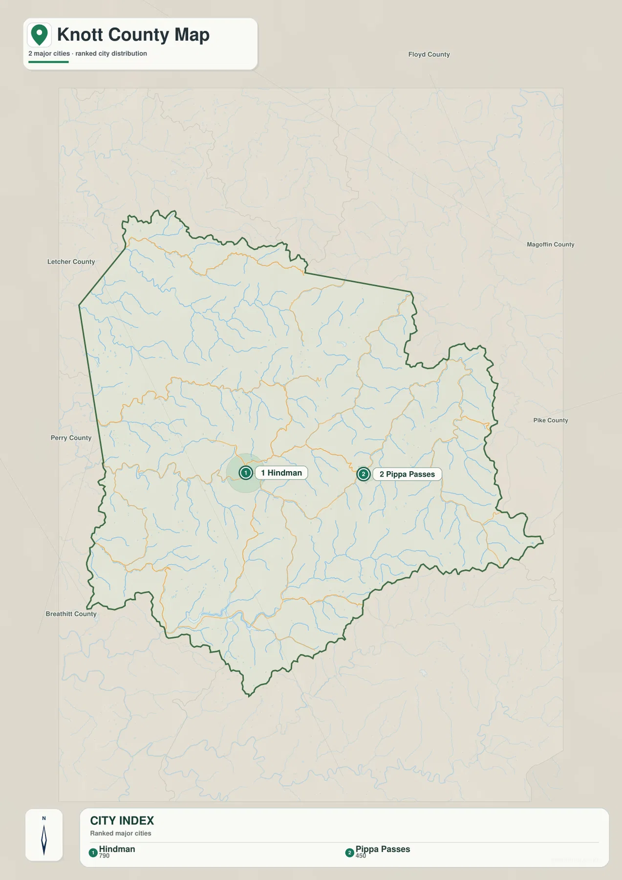 Knott County city map highlighting Hindman and Pippa Passes as the two major places