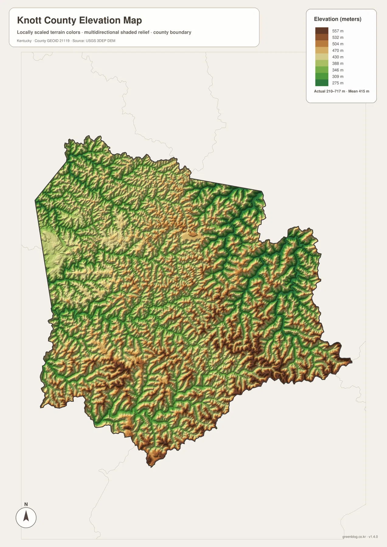 Knott County elevation map showing the 210 to 717 meter range, low creek valleys, and high Appalachian ridges
