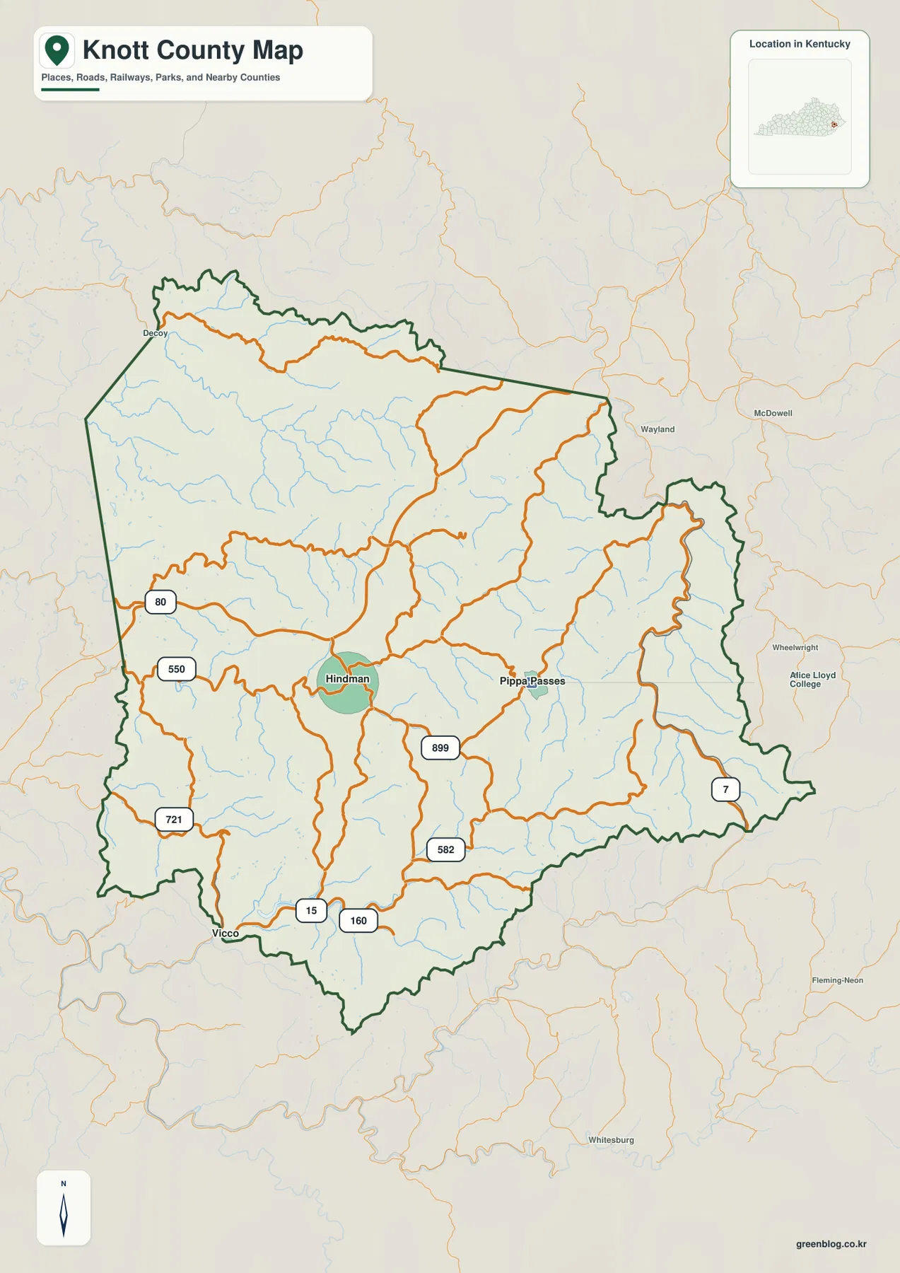 Knott County map showing Hindman, Pippa Passes, KY 80, KY 550, KY 7, and other mountain roads