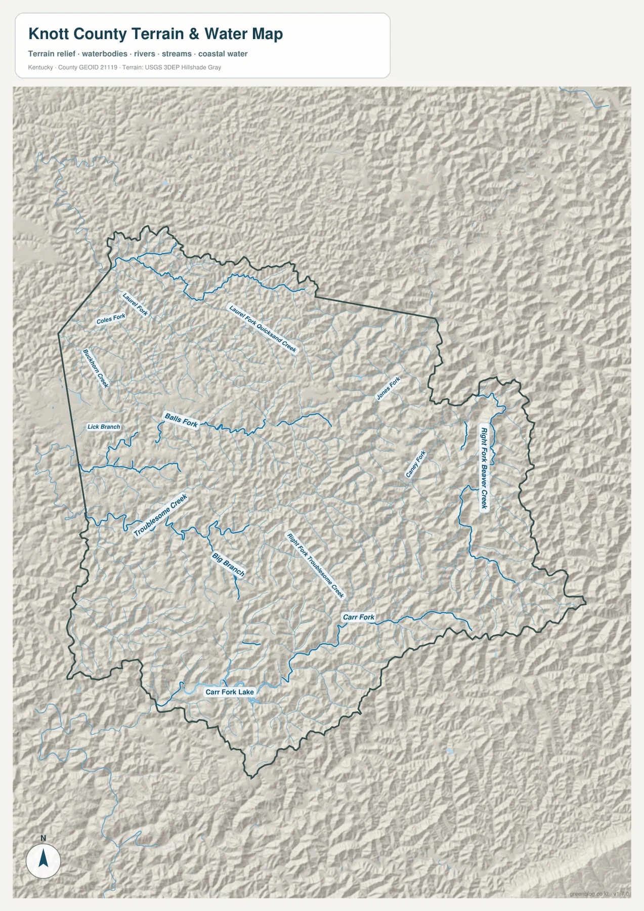 Knott County water map showing Troublesome Creek, Right Fork Beaver Creek, Carr Fork, and Carr Fork Lake