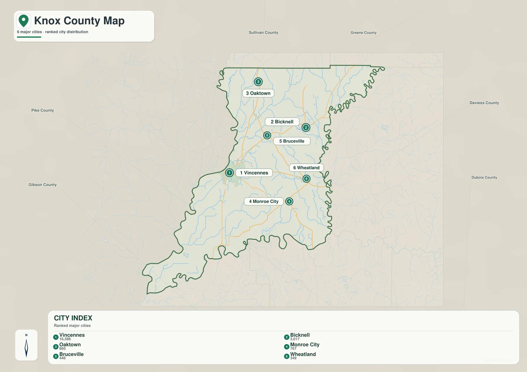 Knox County 도시 인덱스 지도에 Vincennes, Bicknell, Oaktown, Monroe City, Bruceville, Wheatland가 순위와 함께 표시된 모습