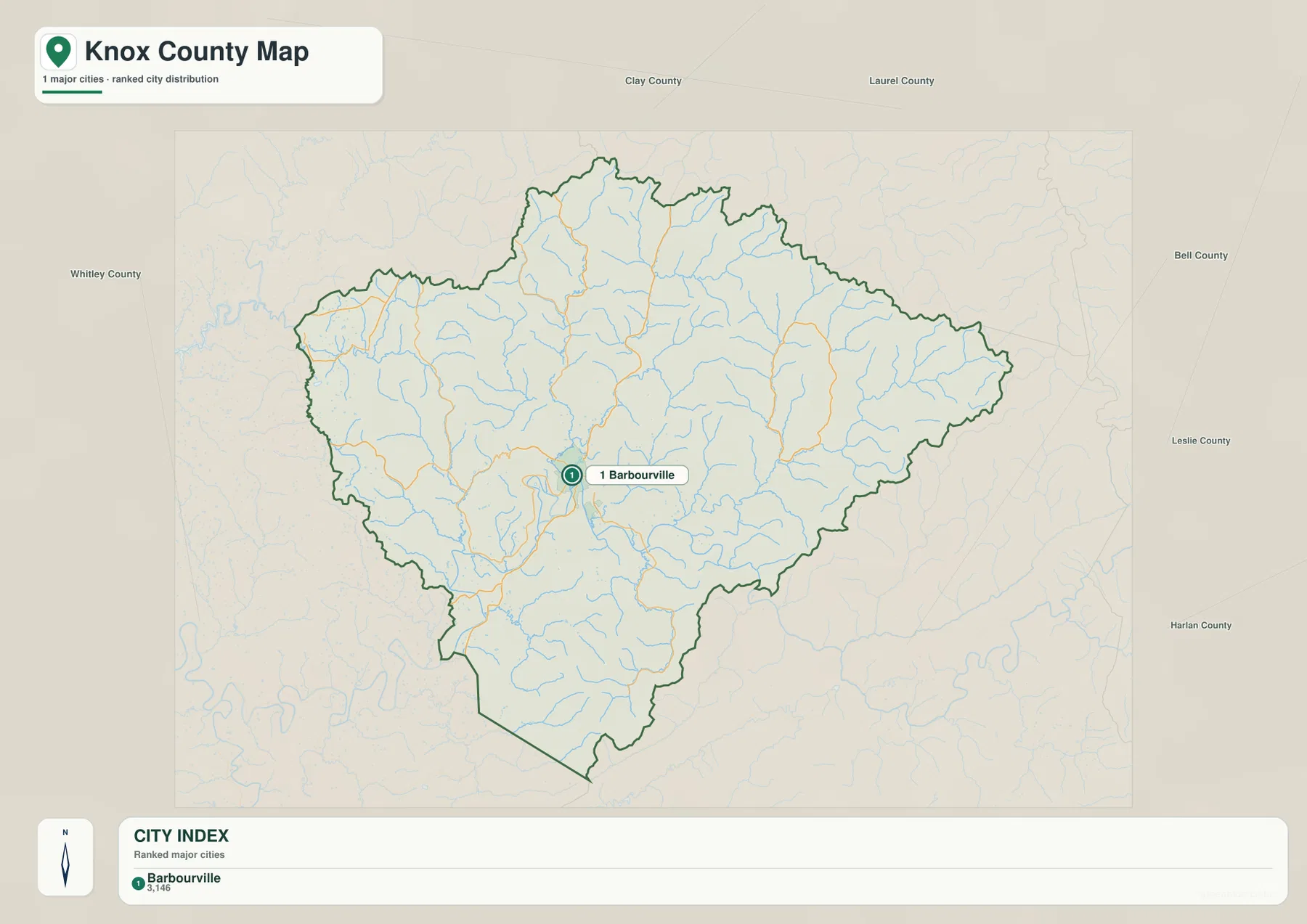 Knox County city map with Barbourville shown as the major city