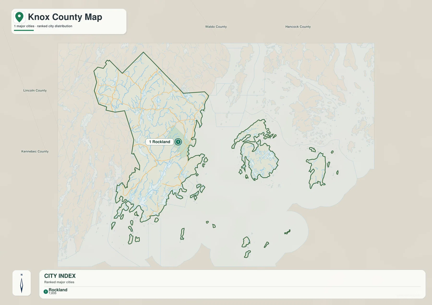 Knox County City Index map highlighting Rockland as the single ranked major city with neighboring county labels around the boundary