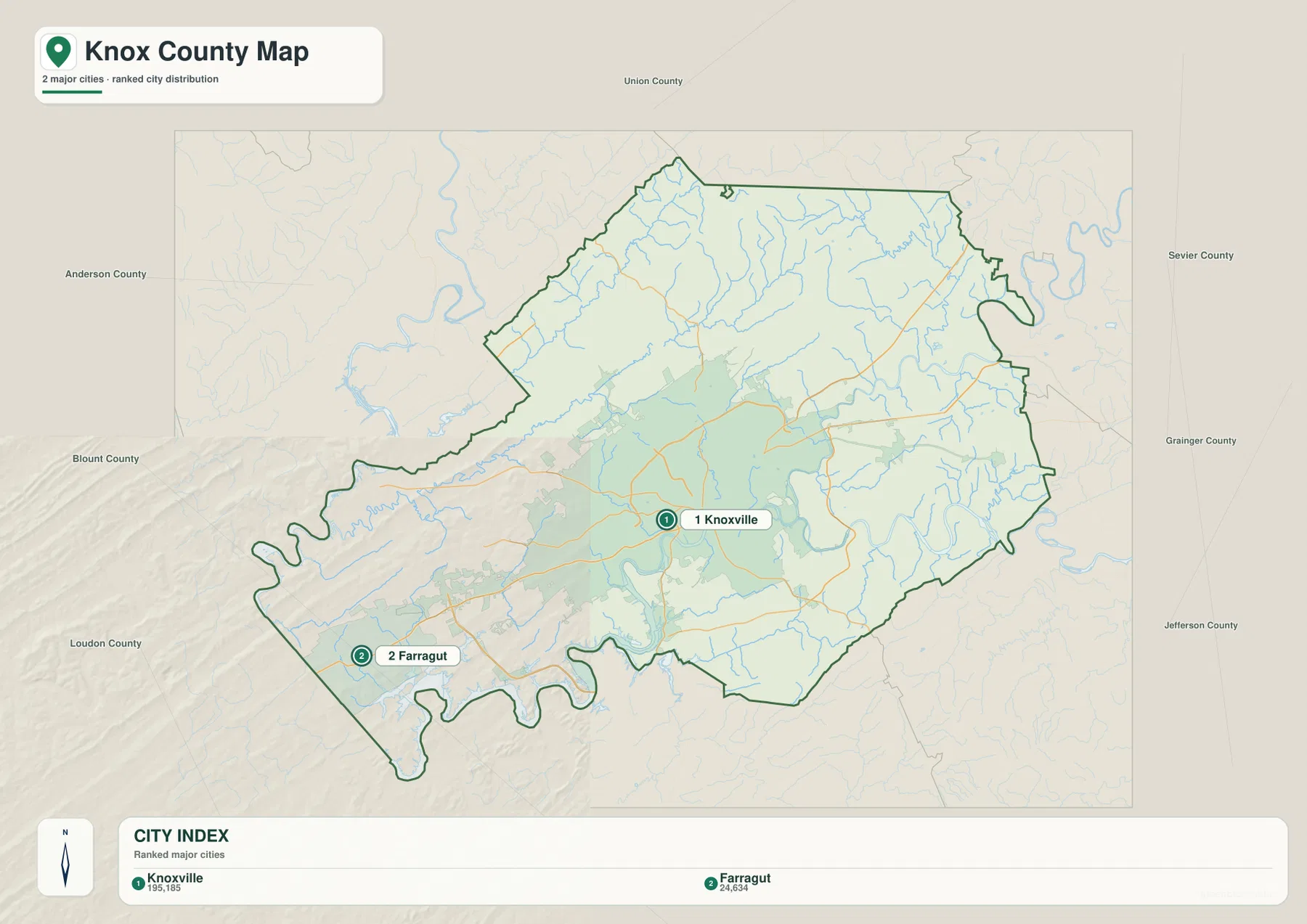 Knox County Tennessee city map showing Knoxville and Farragut