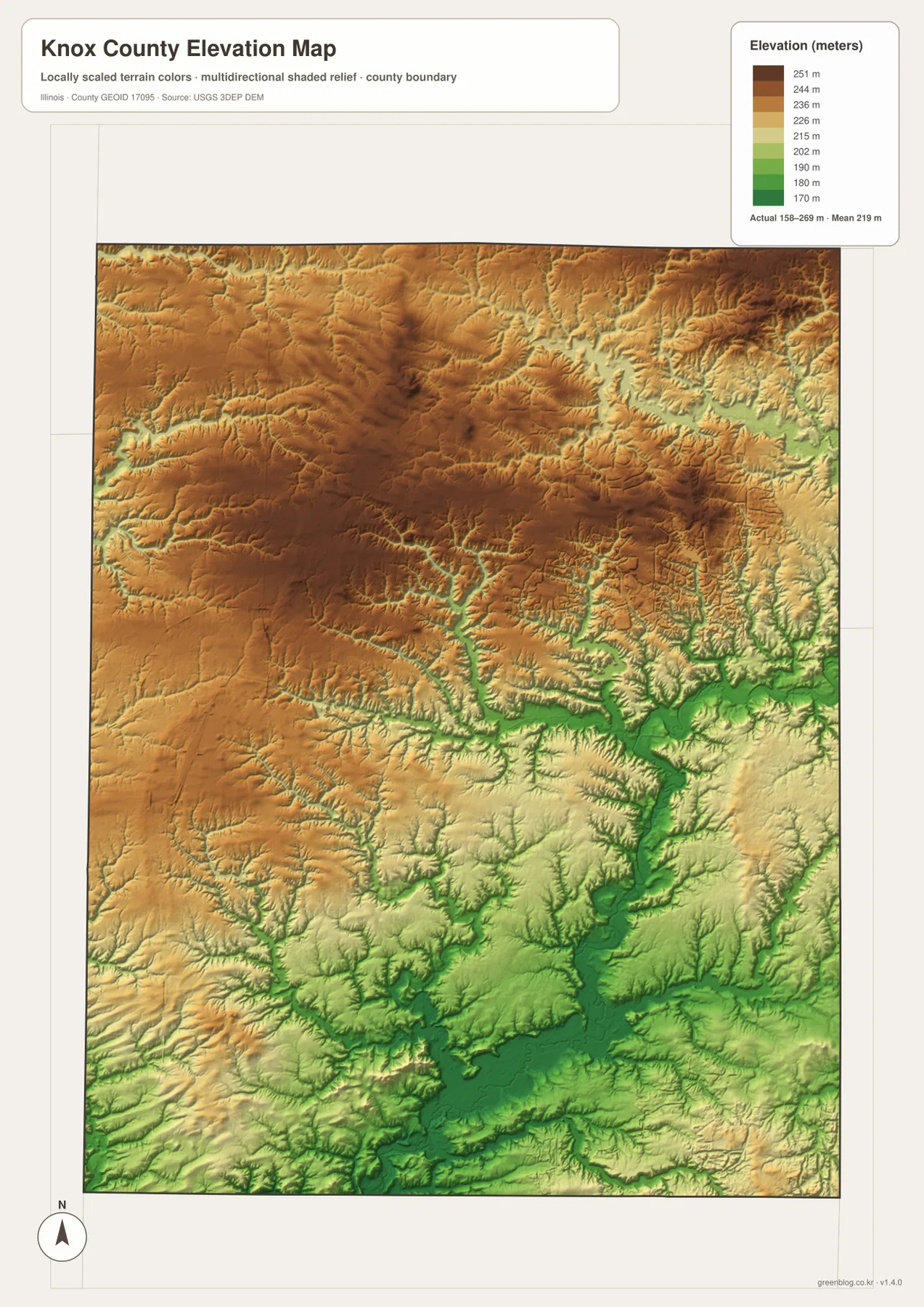 Knox County Illinois elevation map 158 to 269 meters Spoon River valley and northern uplands