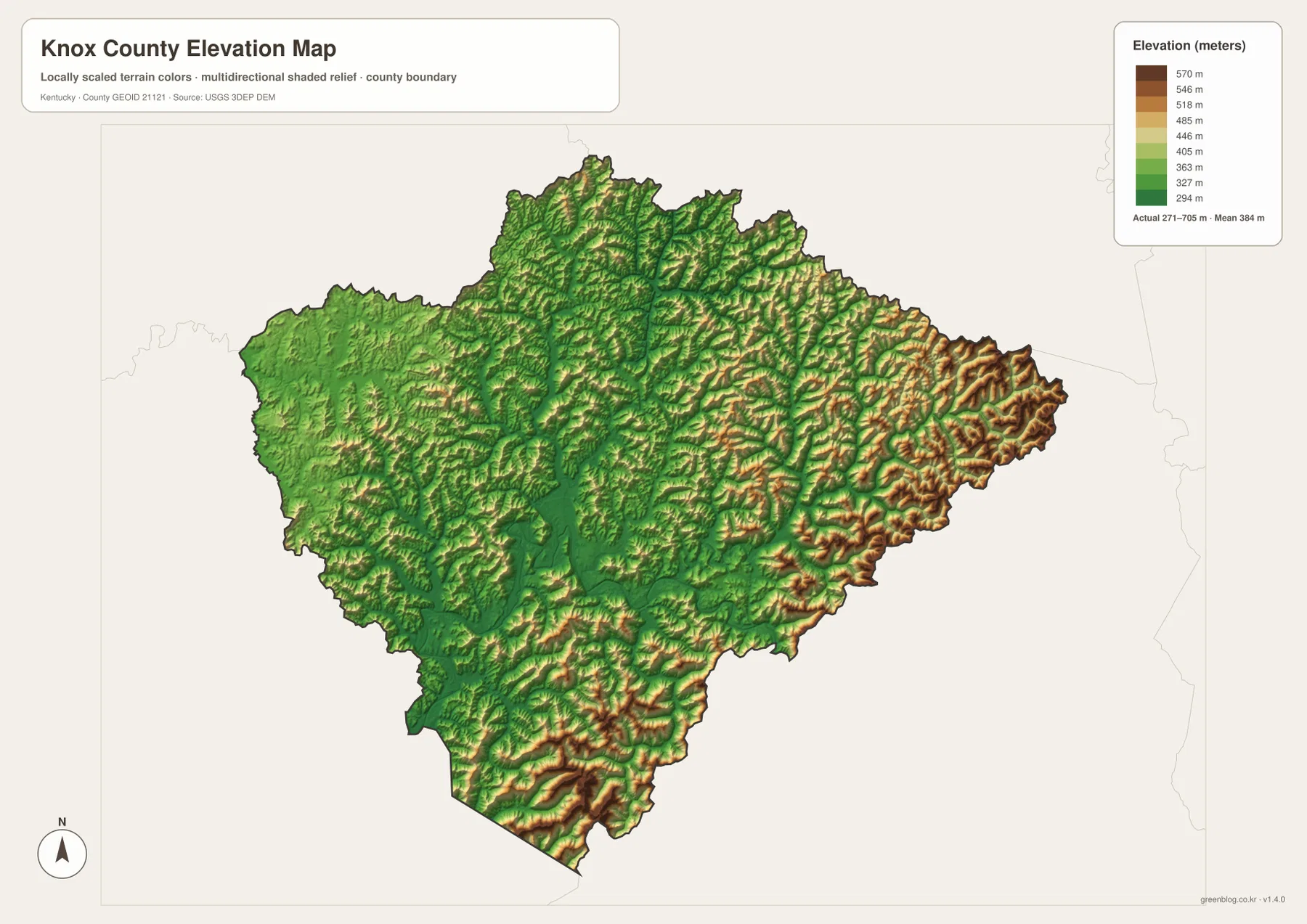 Knox County elevation map showing 271 to 705 meter terrain, eastern ridges, and Cumberland River lowlands