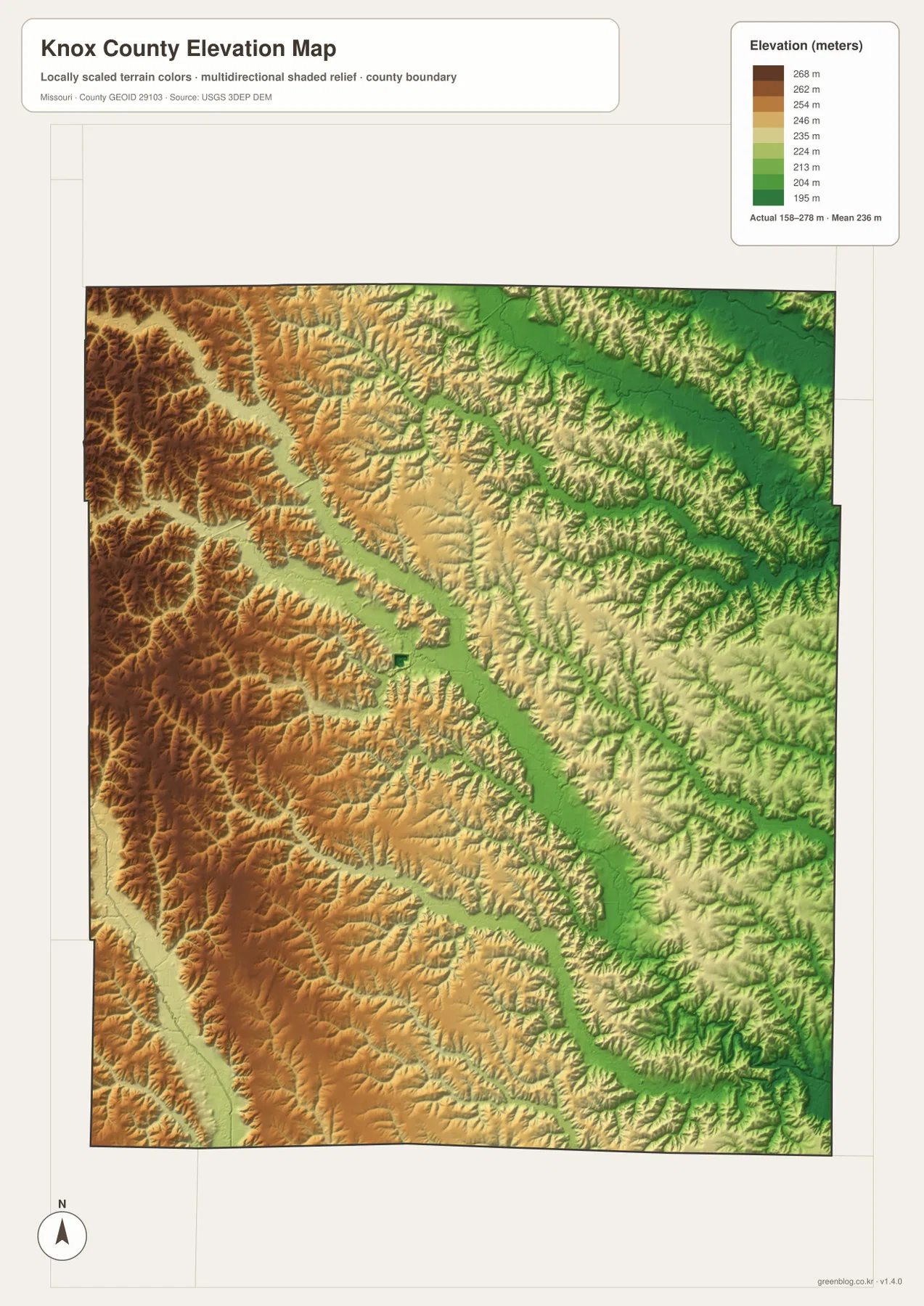 Knox County elevation map from 158 to 278 meters