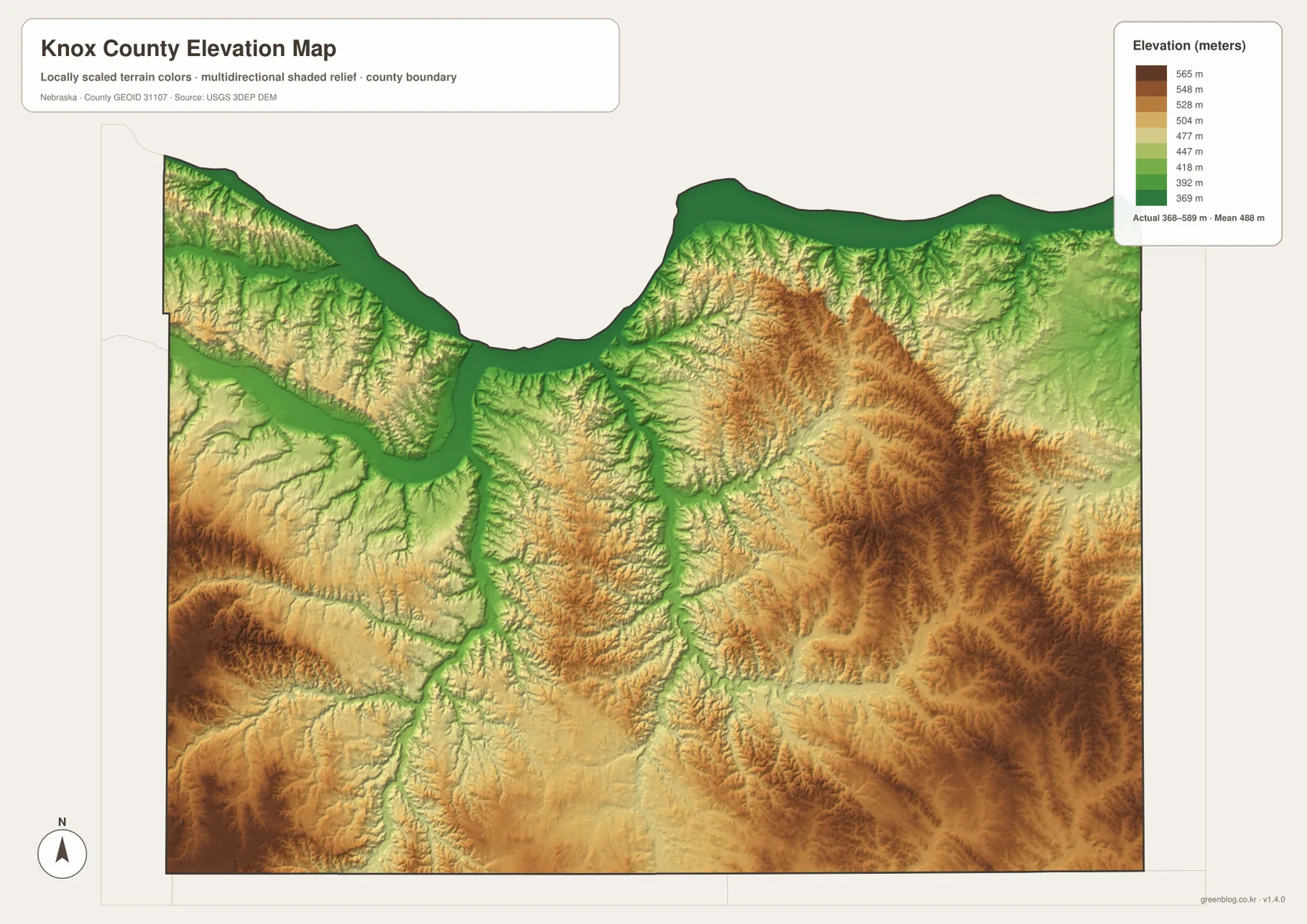 Knox County Nebraska elevation map showing a 368 to 589 meter range, low Missouri and Niobrara river valleys, and high eastern hill country