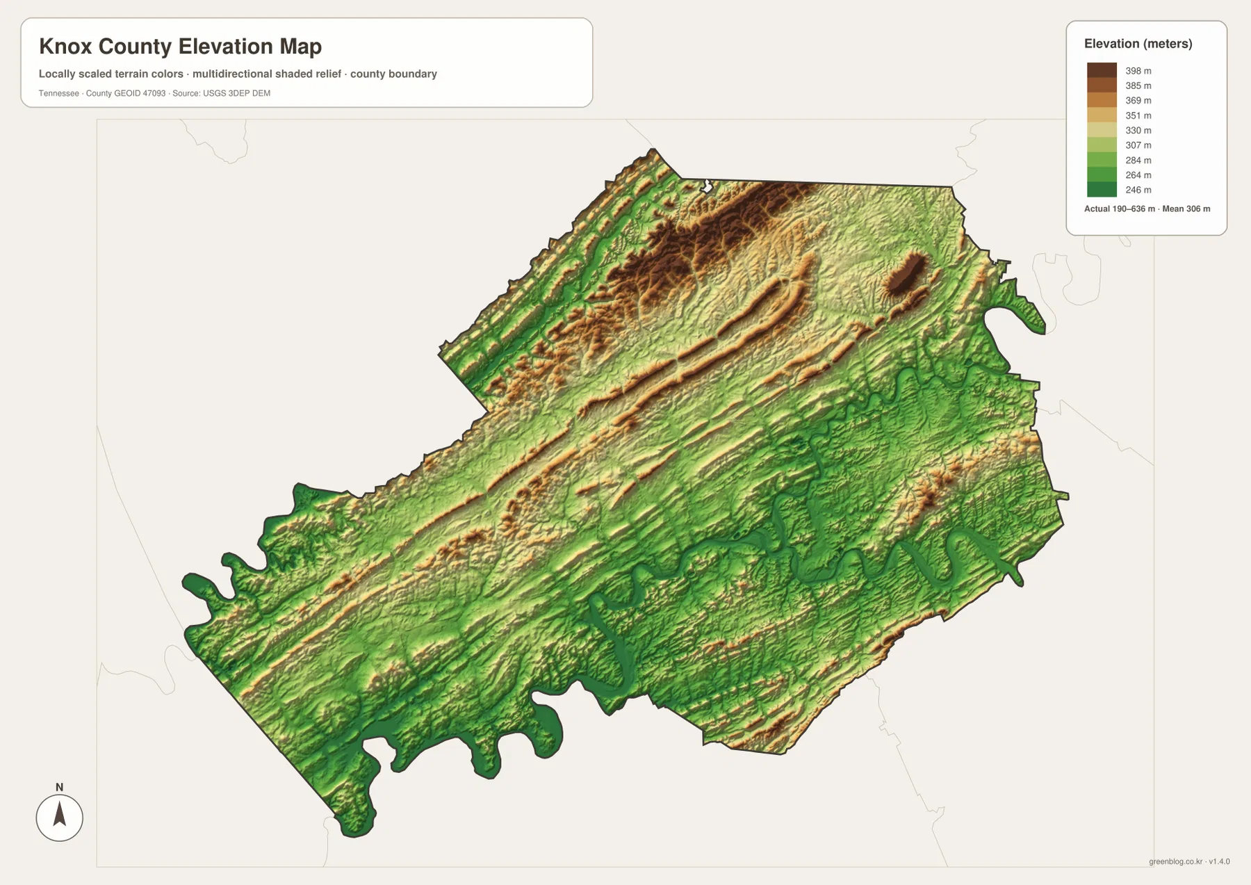 Knox County Tennessee elevation map showing 190 to 636 meter relief, river valleys and northern ridges