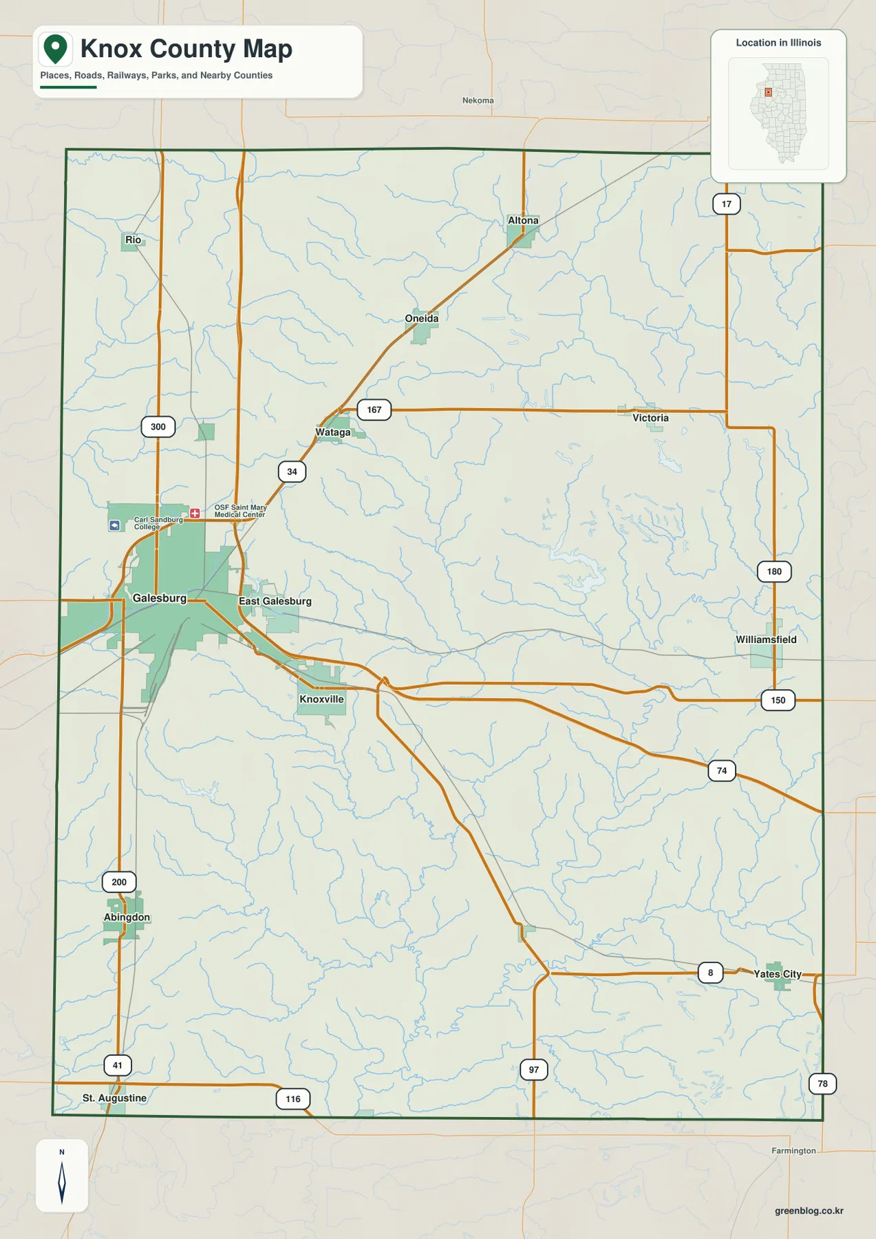 Knox County Illinois map of Galesburg Knoxville Wataga roads towns and county boundary