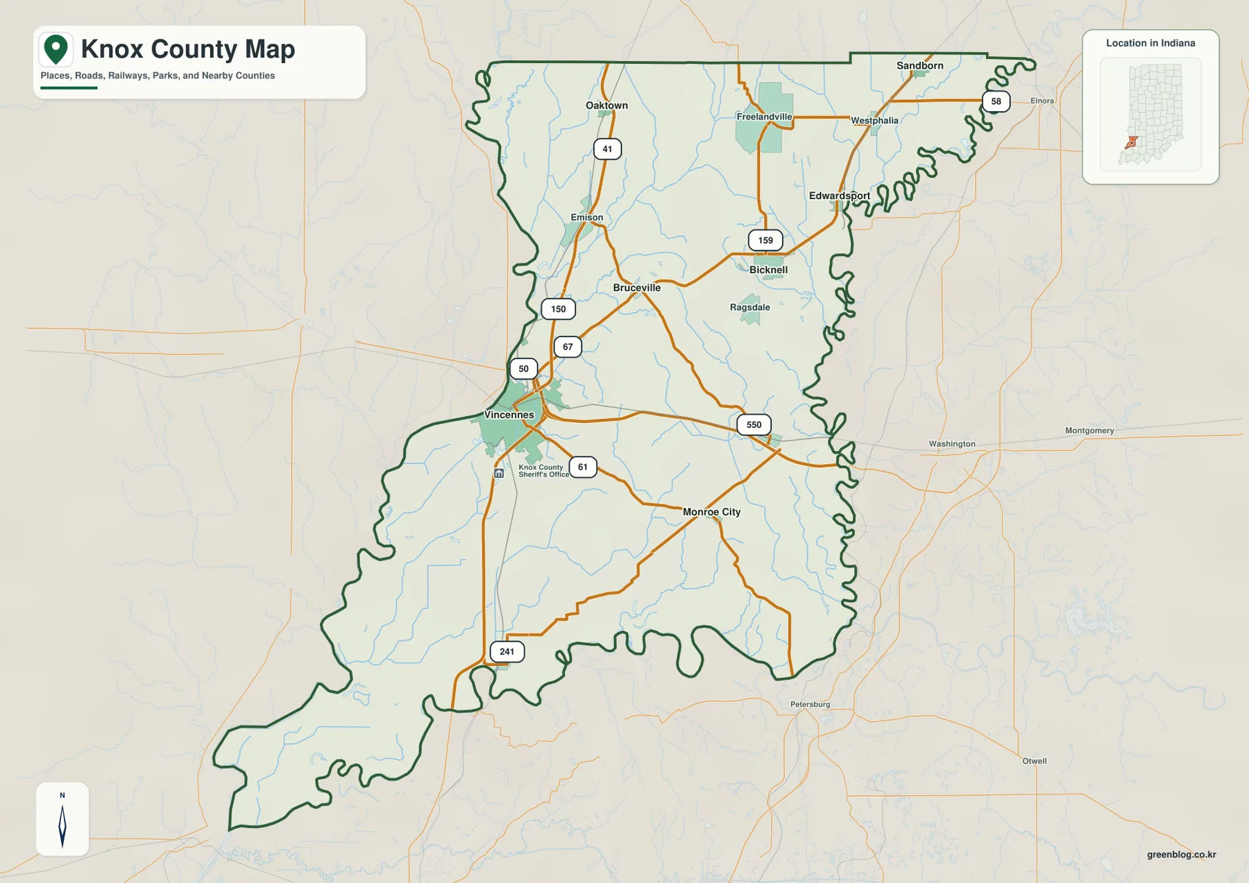 인디애나주 Knox County 일반 지도에 Vincennes, Bicknell, Oaktown, Bruceville, Monroe City, U.S. 41과 U.S. 50이 표시된 모습