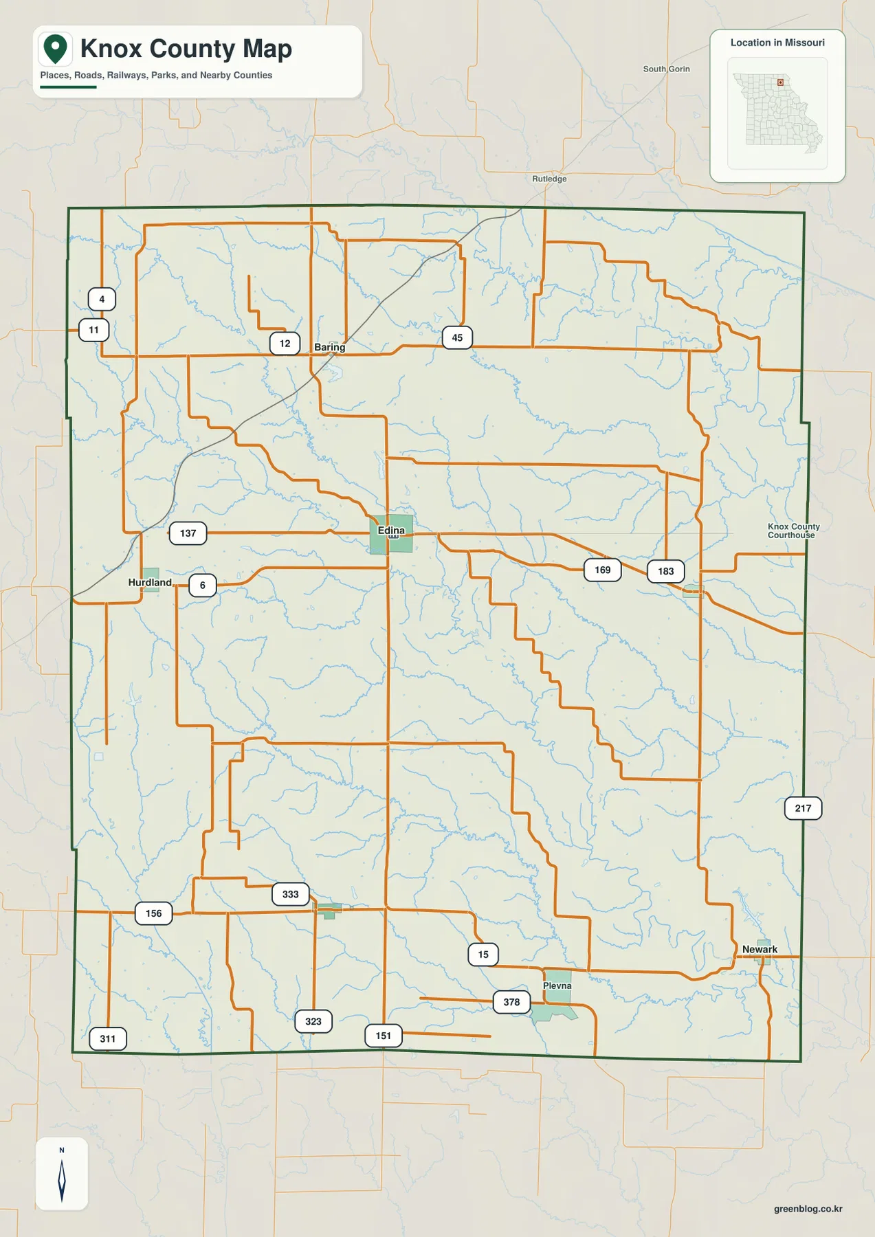 Knox County Missouri roads and Edina map