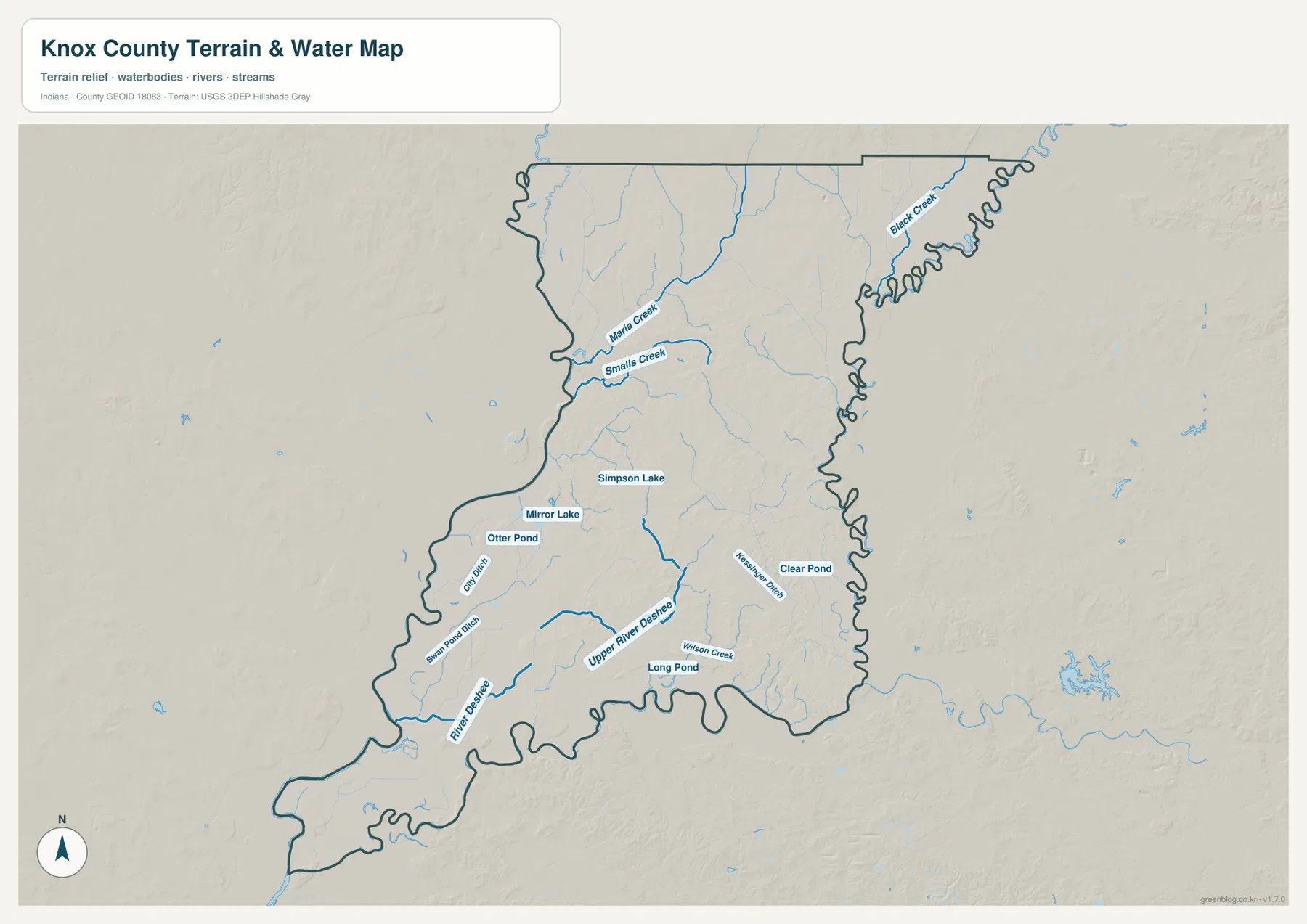 Knox County 수역·지형 지도에 River Deshee, Upper River Deshee, Maria Creek, Smalls Creek, Black Creek, Wilson Creek와 작은 호수·pond가 표시된 모습