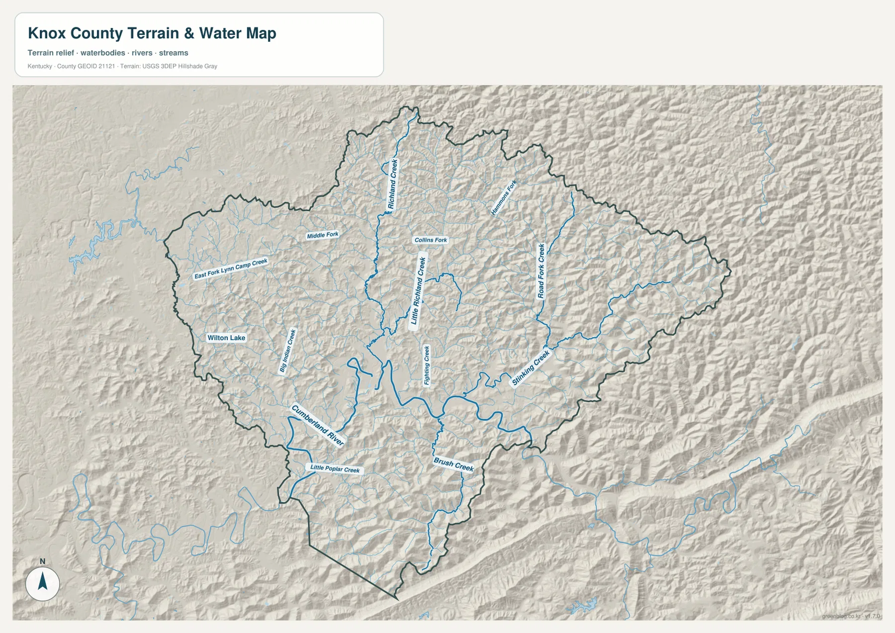 Knox County water map showing Cumberland River, Richmond Creek, Stinking Creek, Road Fork Creek, and Wilton Lake