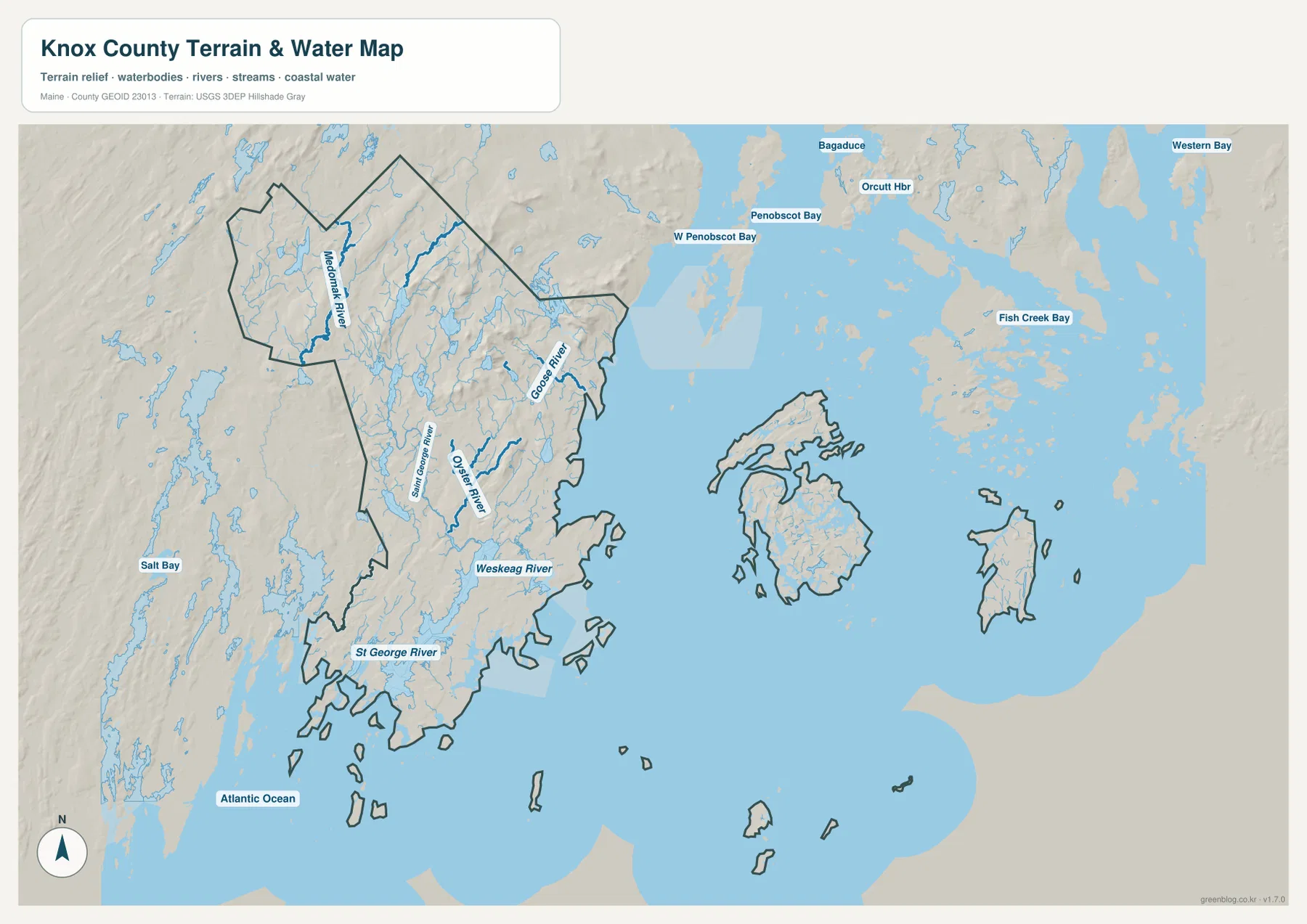 Knox County terrain and water map showing the St. George River, Oyster River, Weskeag River, Goose River, Penobscot Bay, and offshore islands